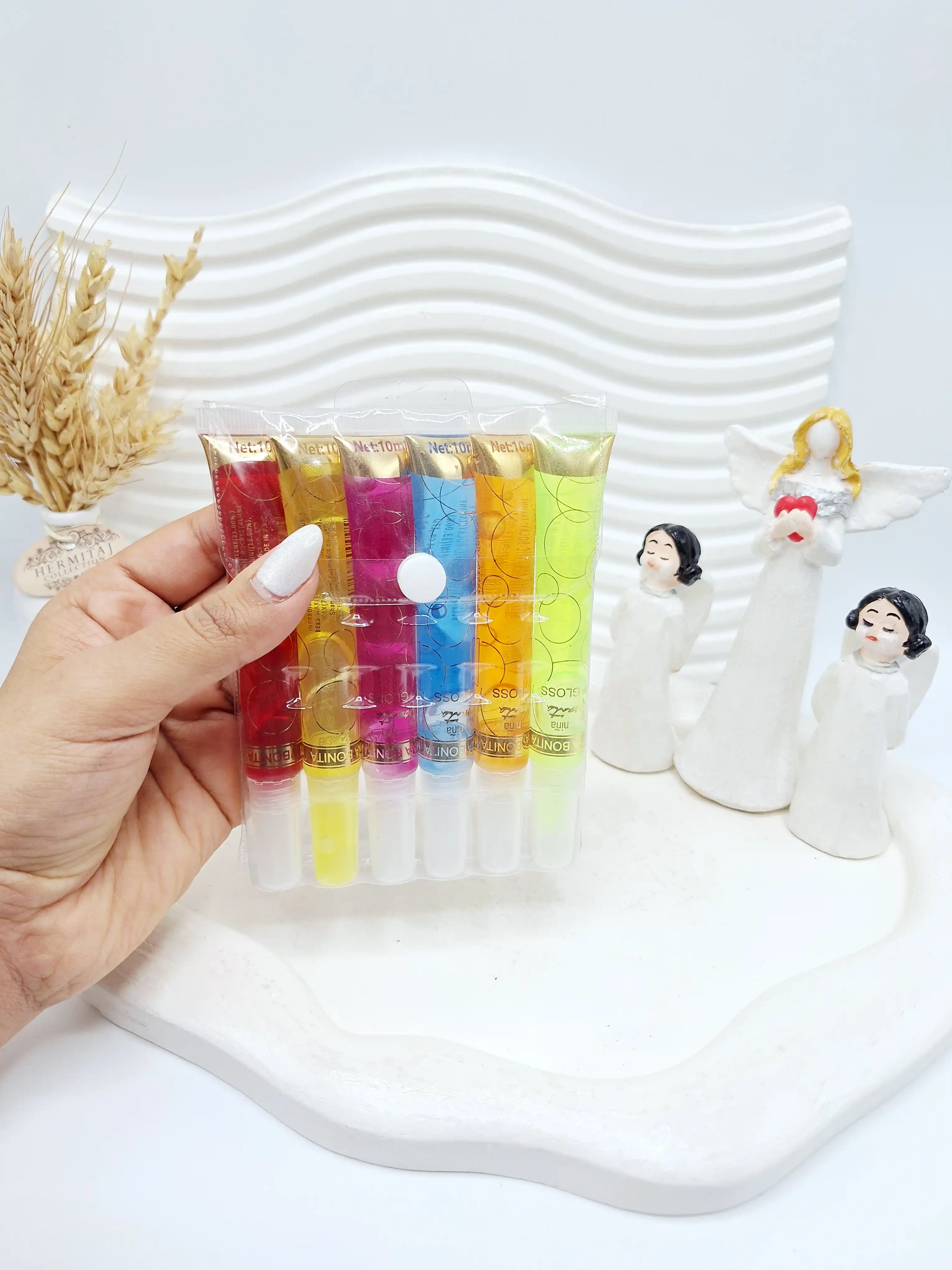 پک 6 تایی لیپ گلاس آمپولی رنگارنگ کیف دکمه ای