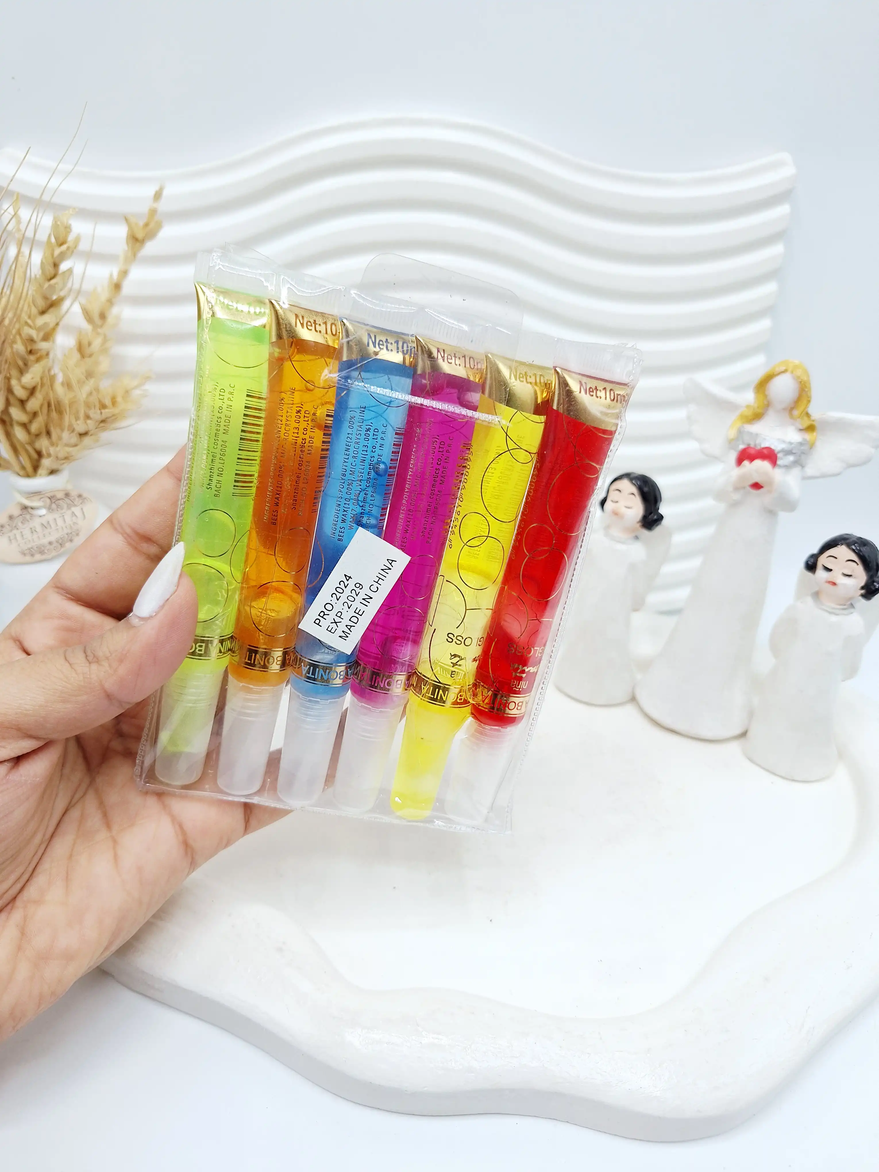 پک 6 تایی لیپ گلاس آمپولی رنگارنگ کیف دکمه ای