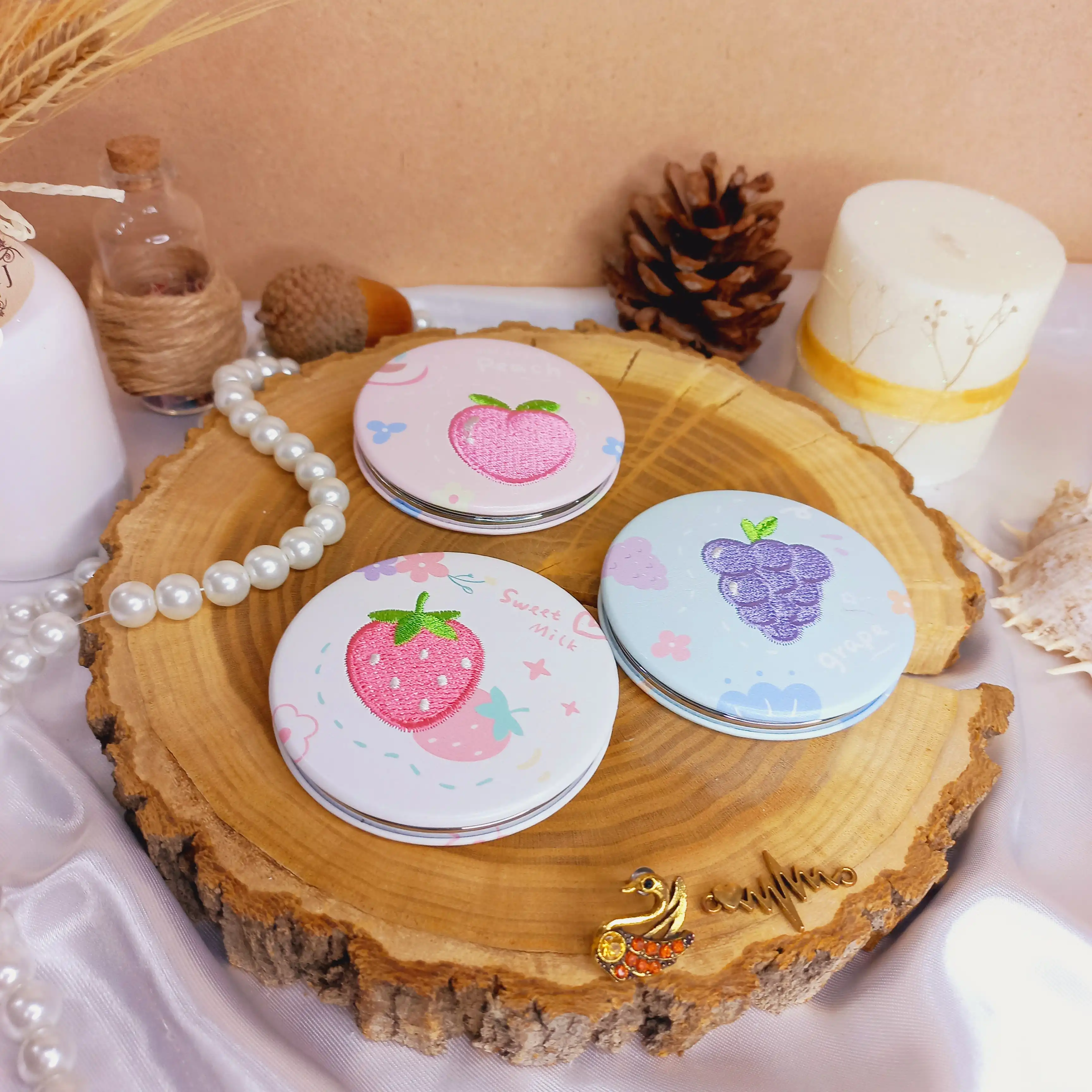 آینه جیبی دوطرفه میوه ای دایره ای