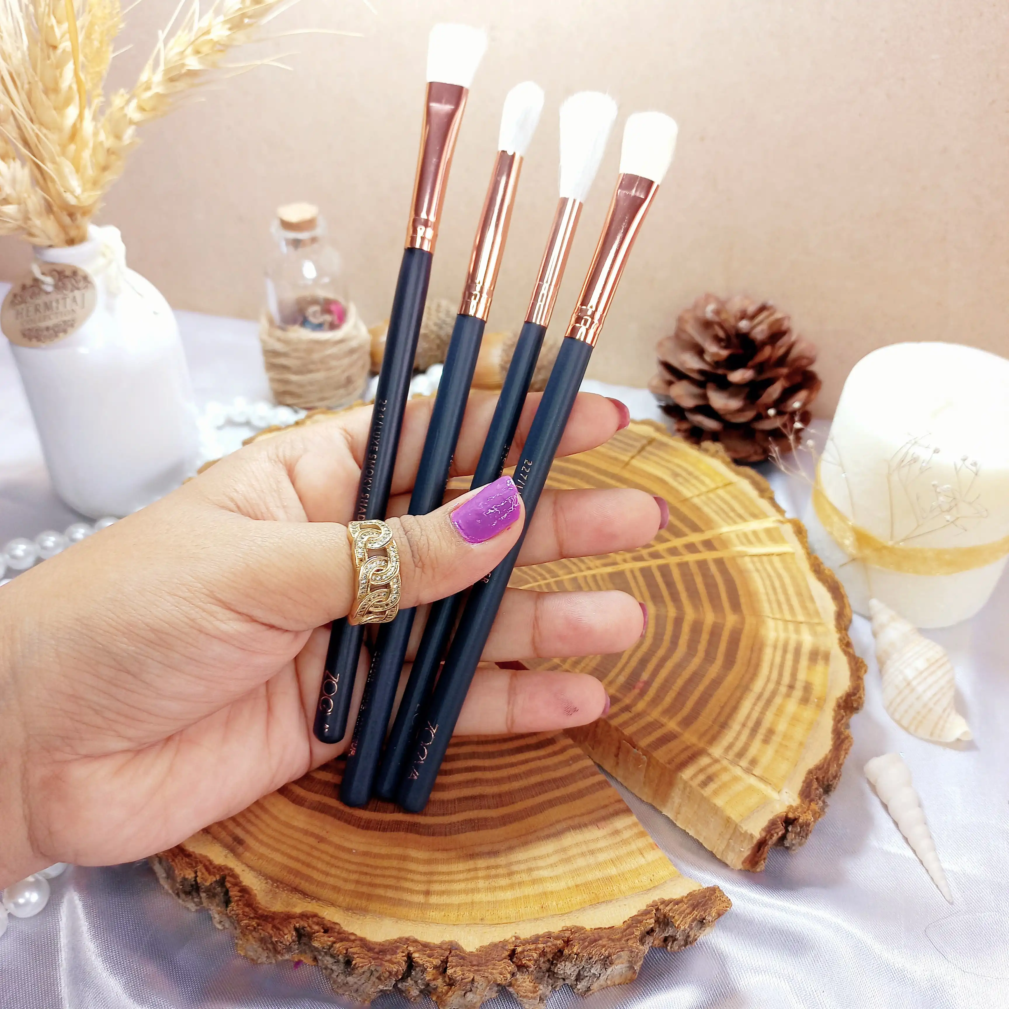 ست براش مشکی اصل 15 عددی لاکچری زووا با کیف چرمی ZOEVA (کیف قهوه ای تیره )