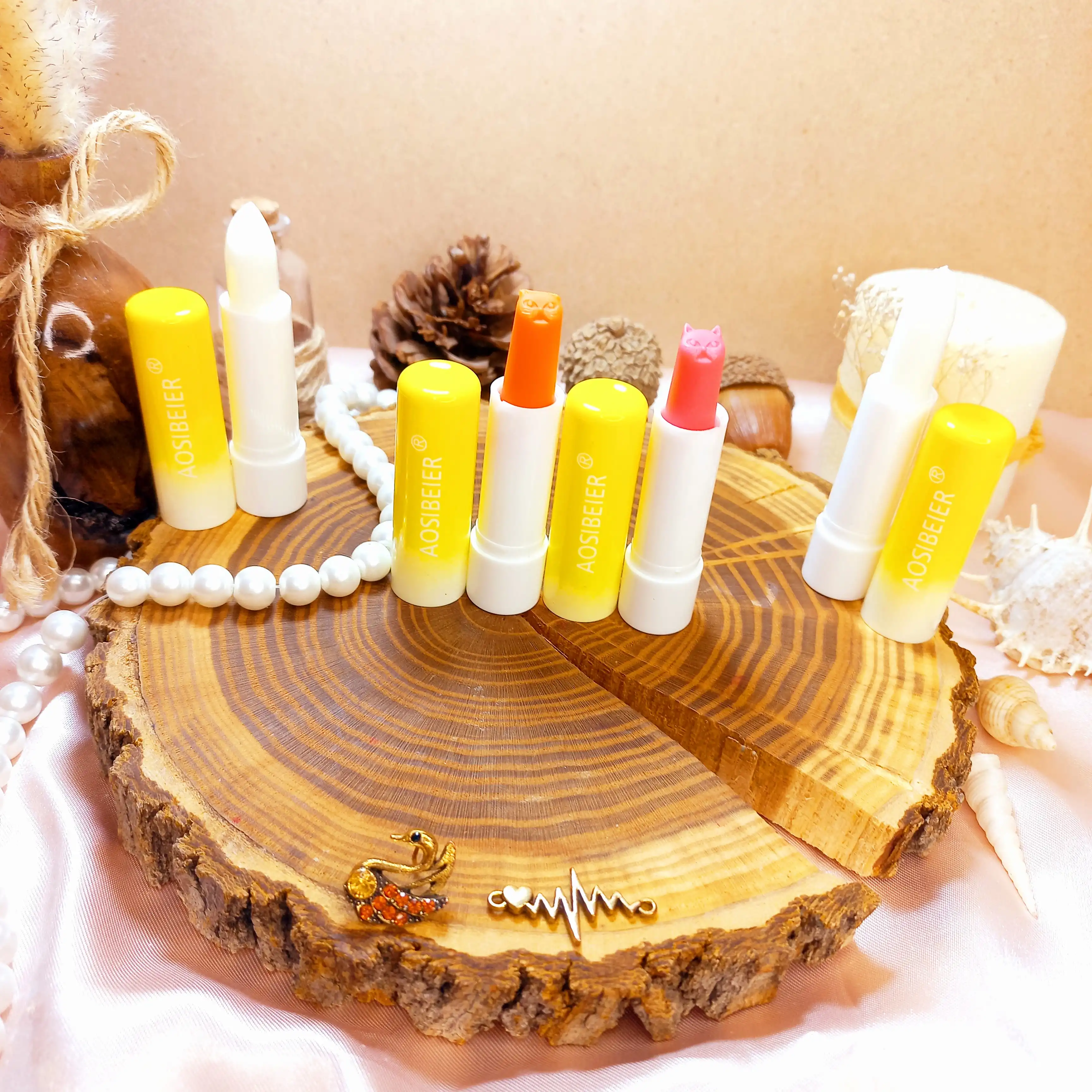 بالم لب طرح گربه فانتزی زرد