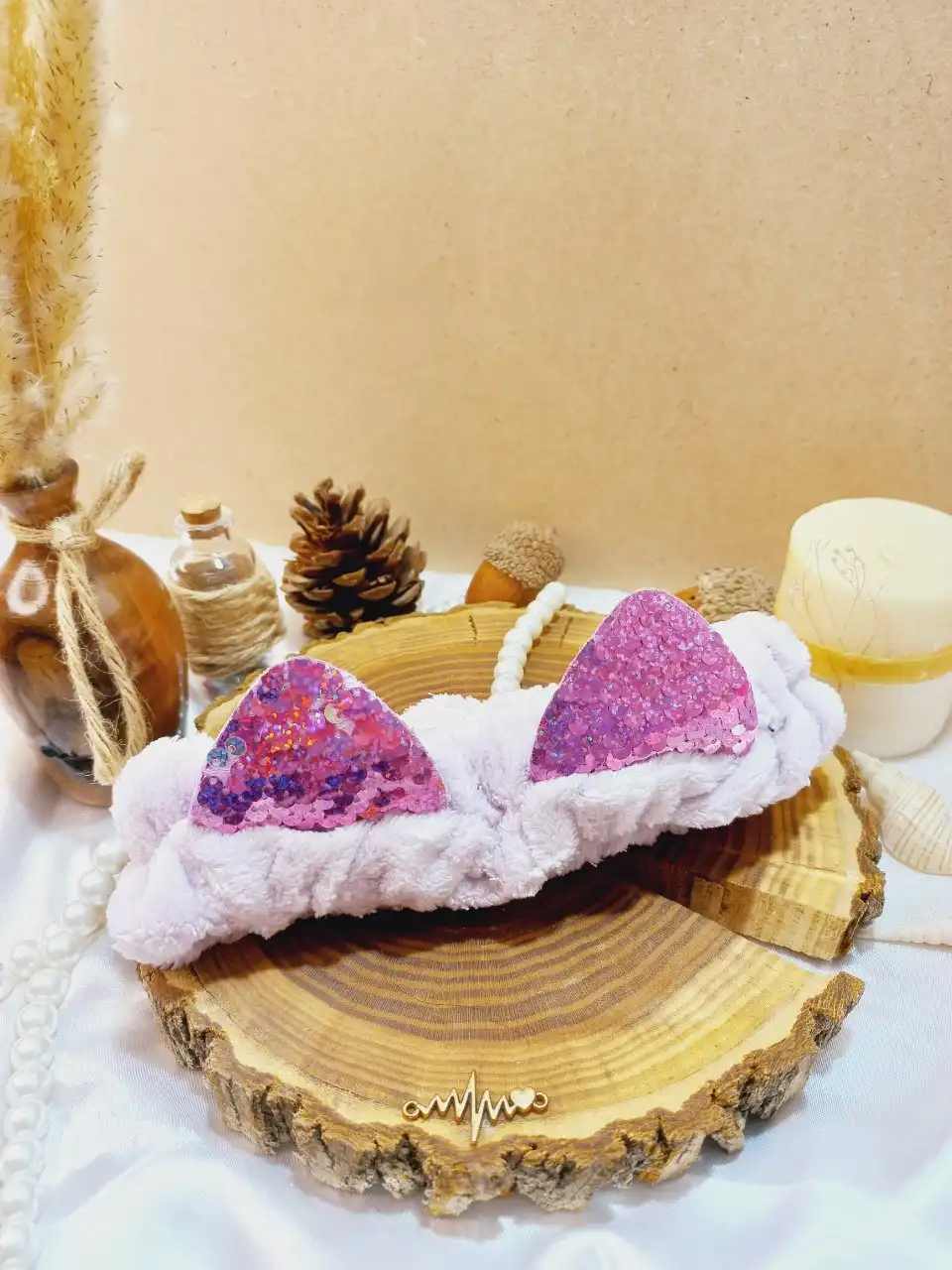 هدبند حوله ای طرح گربه پولک دار