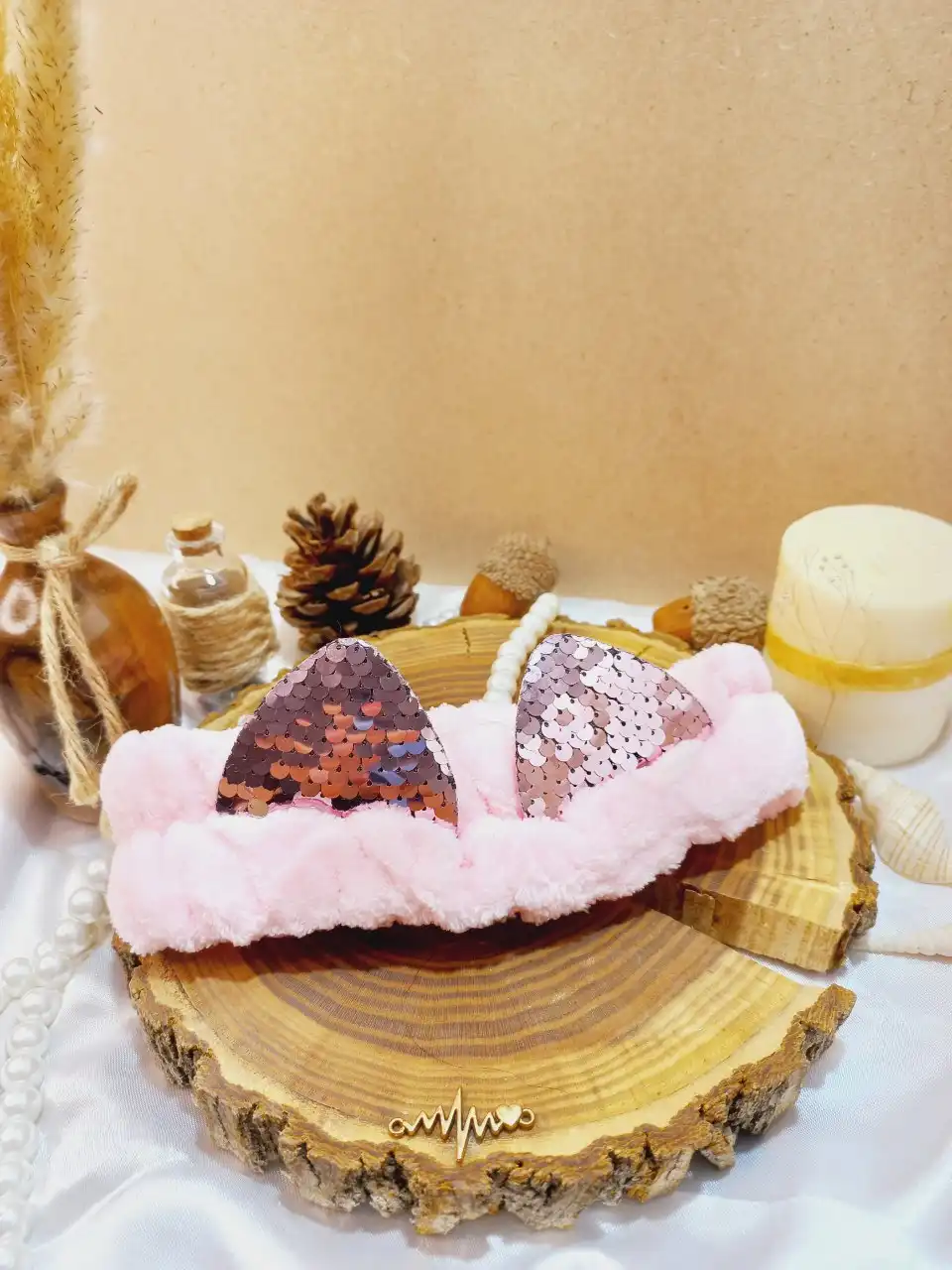 هدبند حوله ای طرح گربه پولک دار