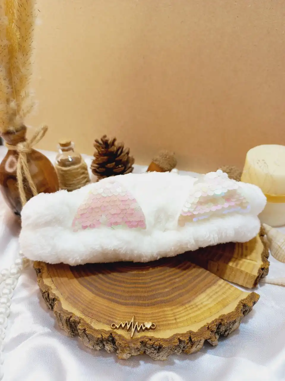 هدبند حوله ای طرح گربه پولک دار