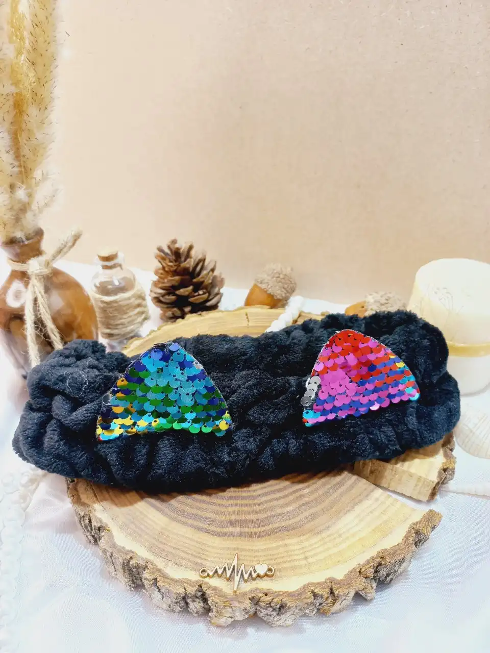 هدبند حوله ای طرح گربه پولک دار