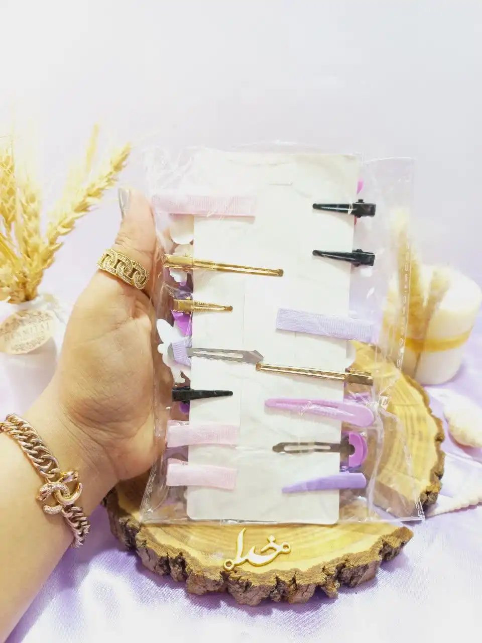 ست 14 عددی گیره مو طرح فرشته و انگور زرد