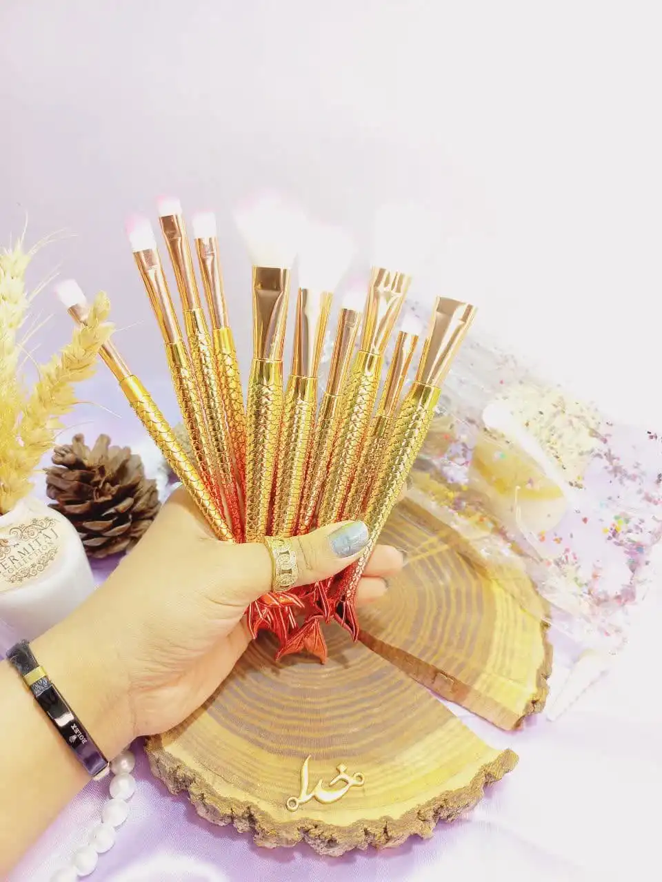 ست براش 10 تیکه کیفی پری دریایی دسته الماسی اماراتی برجسته اصلی