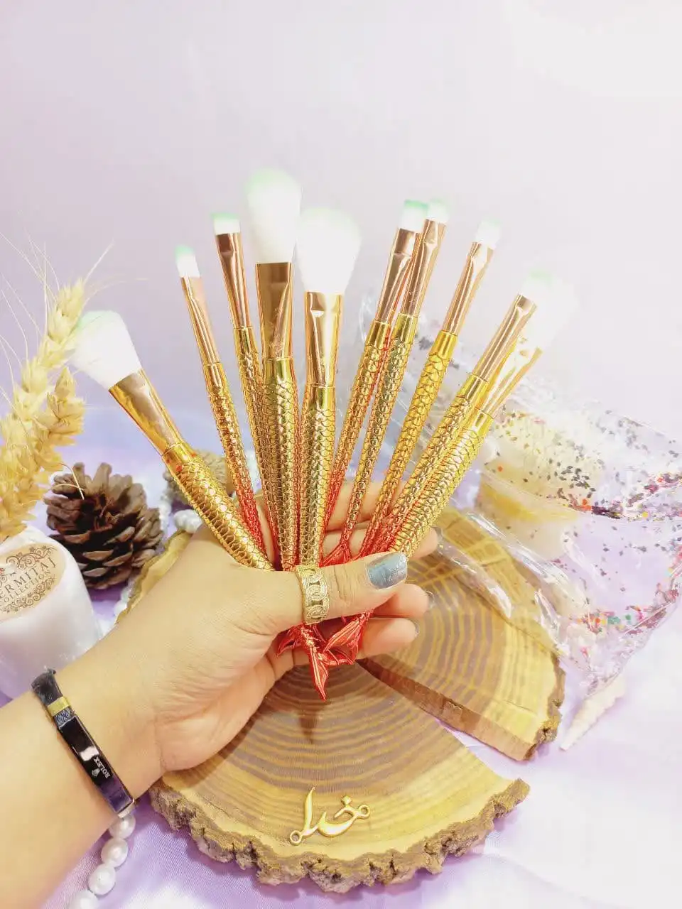 ست براش 10 تیکه کیفی پری دریایی دسته الماسی اماراتی برجسته اصلی