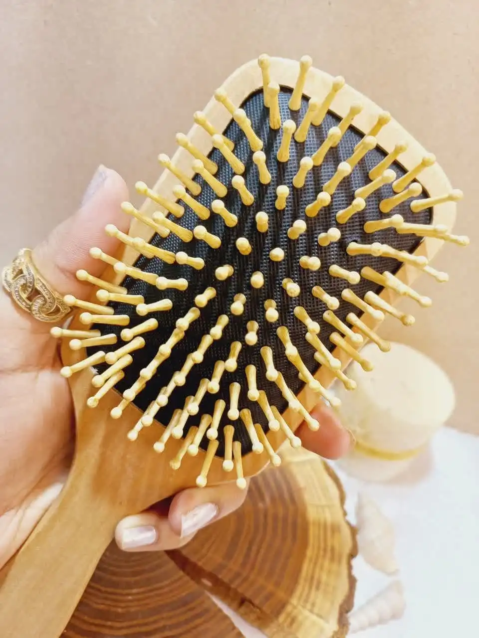 برس مو بامبو دندانه چوبی کف مشکی مربعی سایز بزرگ