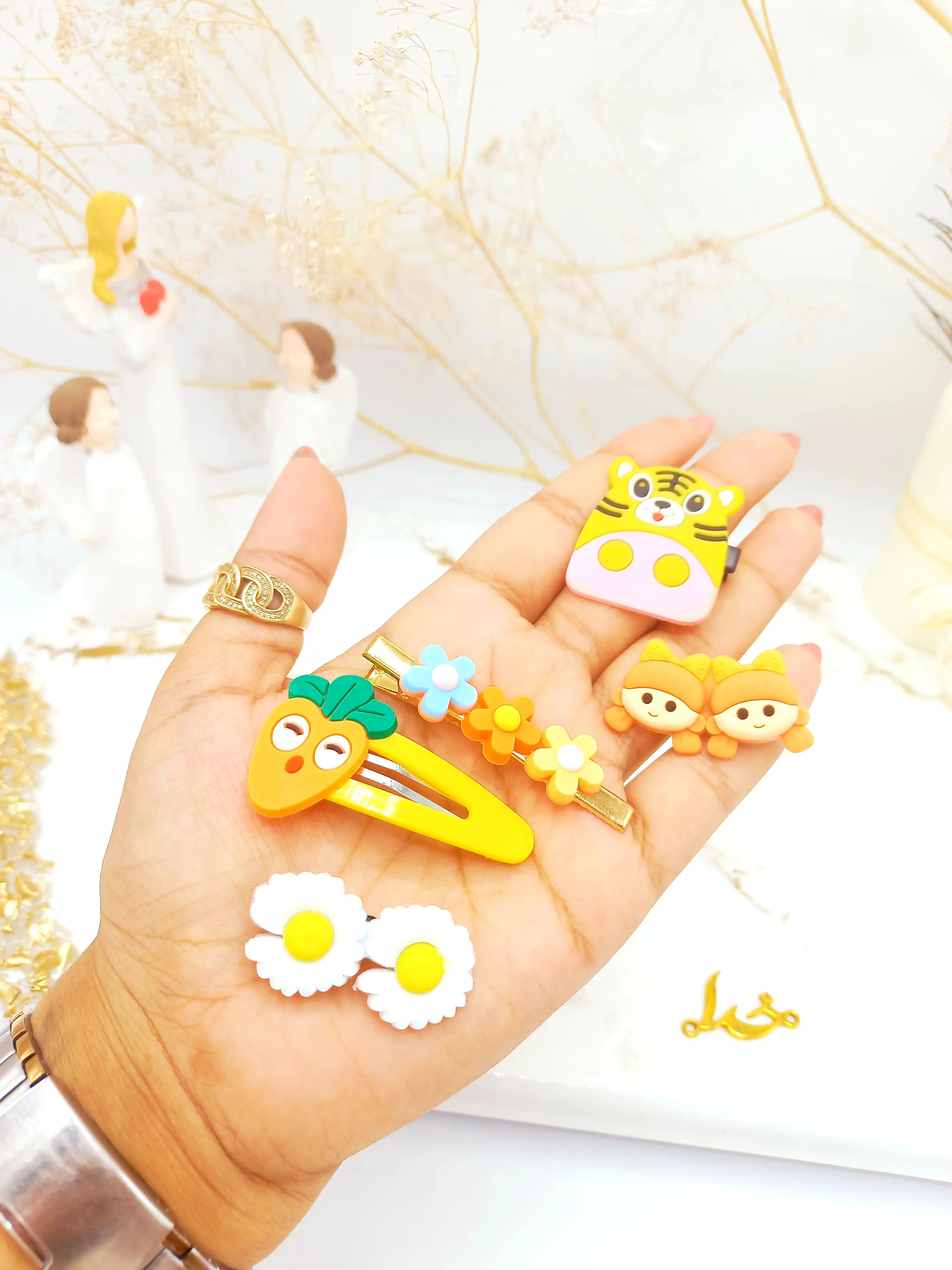 پک گیره و پنس مو دخترانه حیوانات زرد 14 عددی