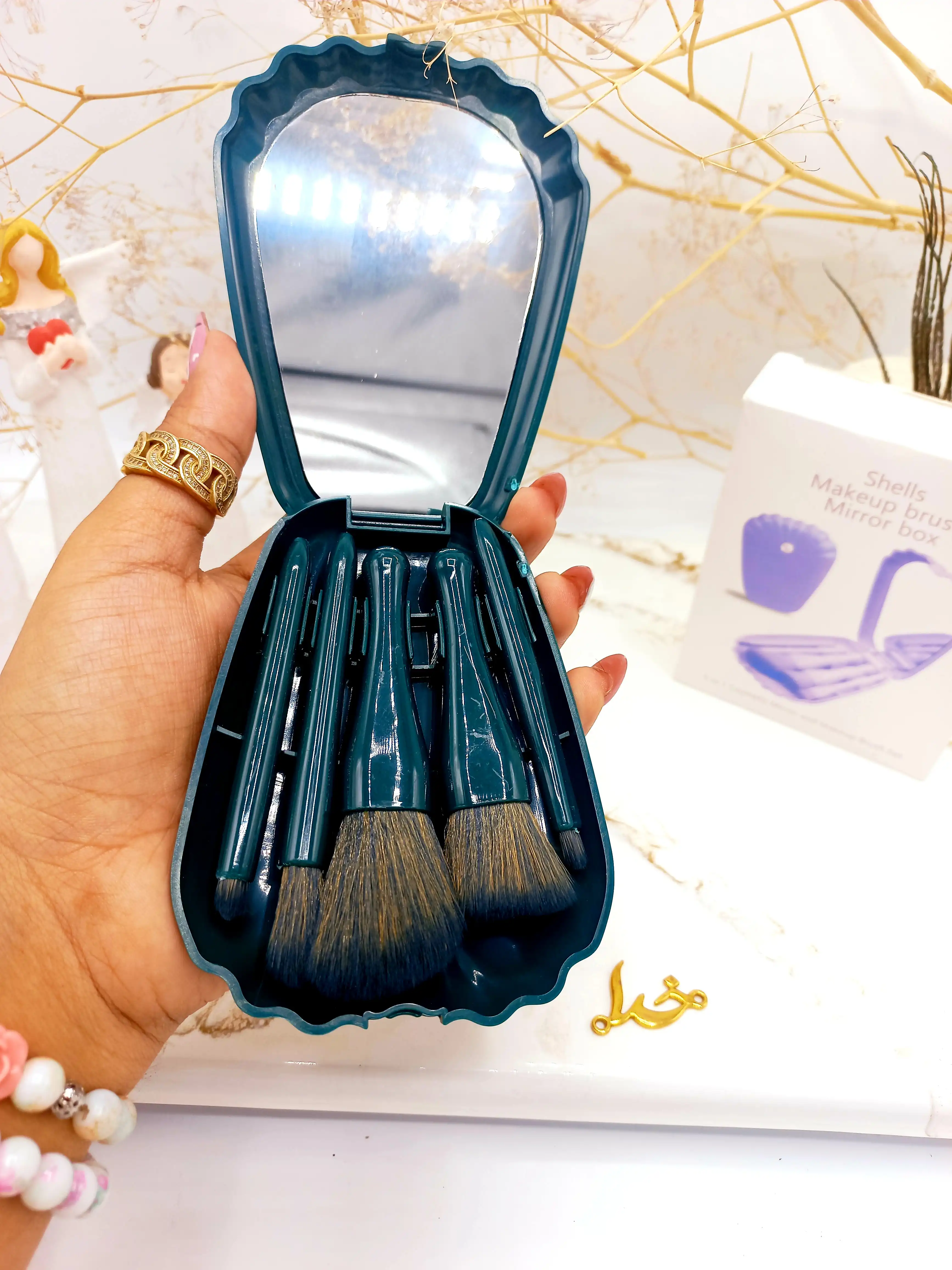 ست براش 5 تیکه باکس دار صدفی آینه دار  سبز