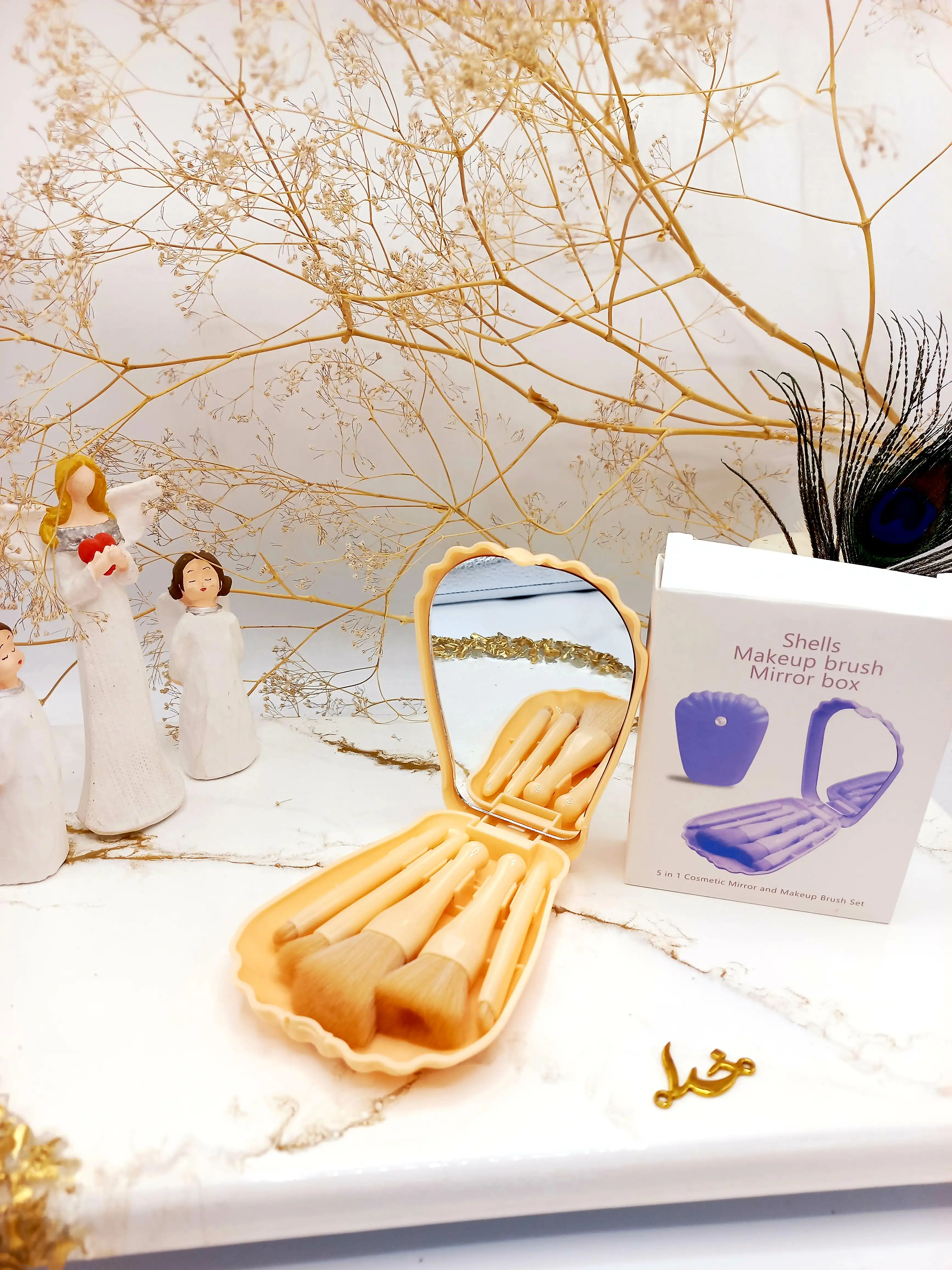 ست براش 5 تیکه باکس دار صدفی آینه دار کرم