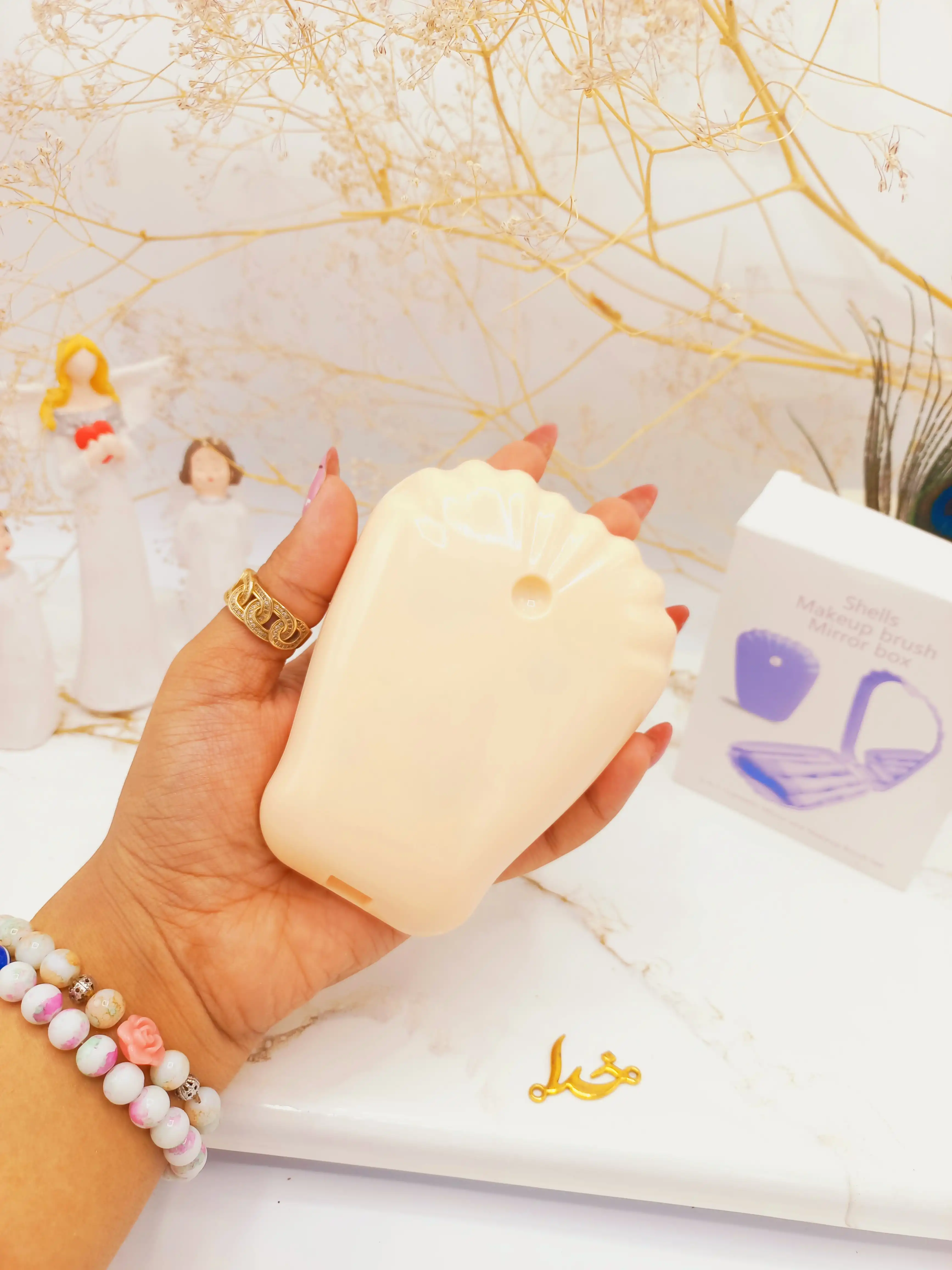 ست براش 5 تیکه باکس دار صدفی آینه دار کرم