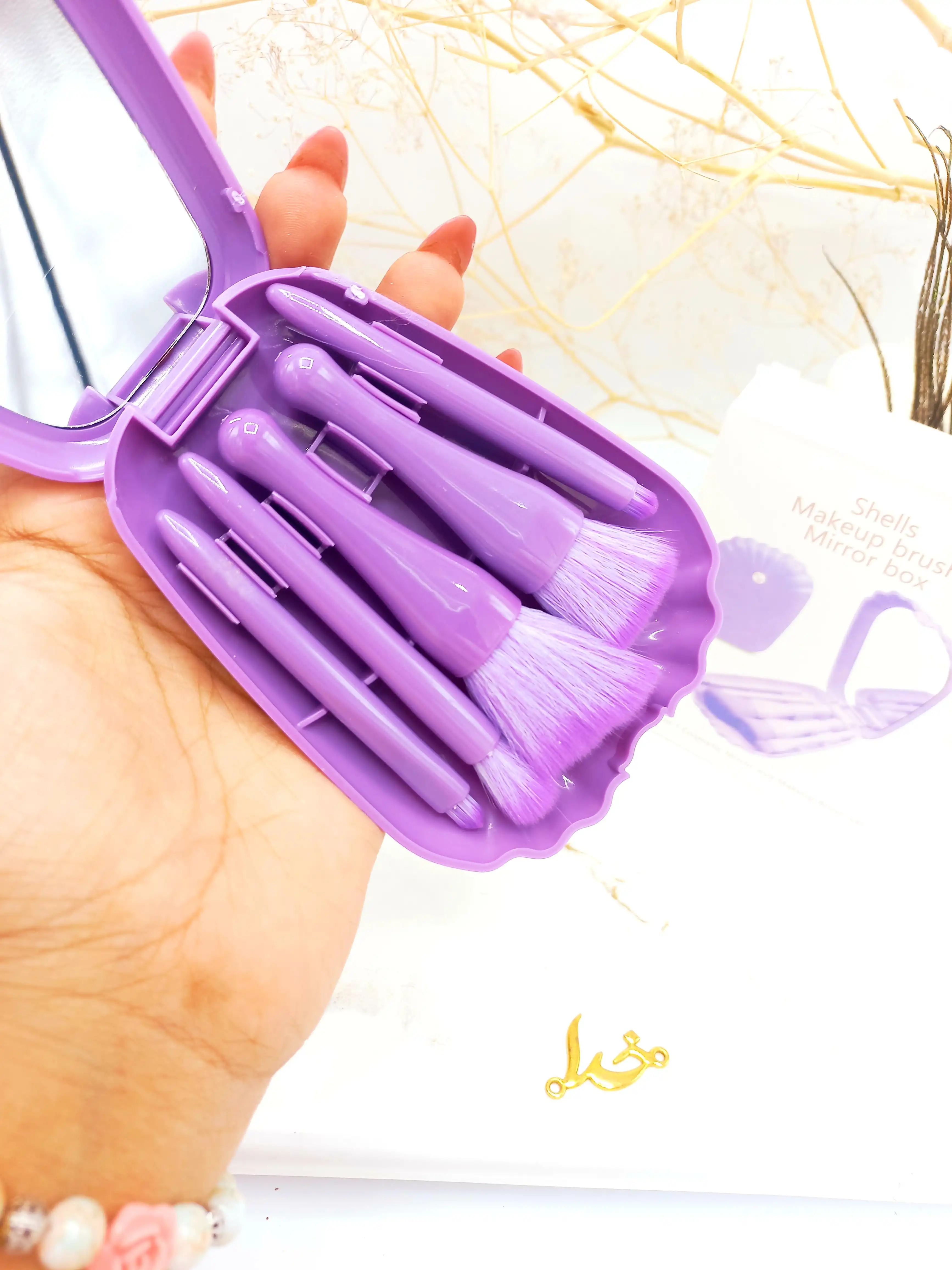 ست براش 5 تیکه باکس دار صدفی آینه دار بنفش