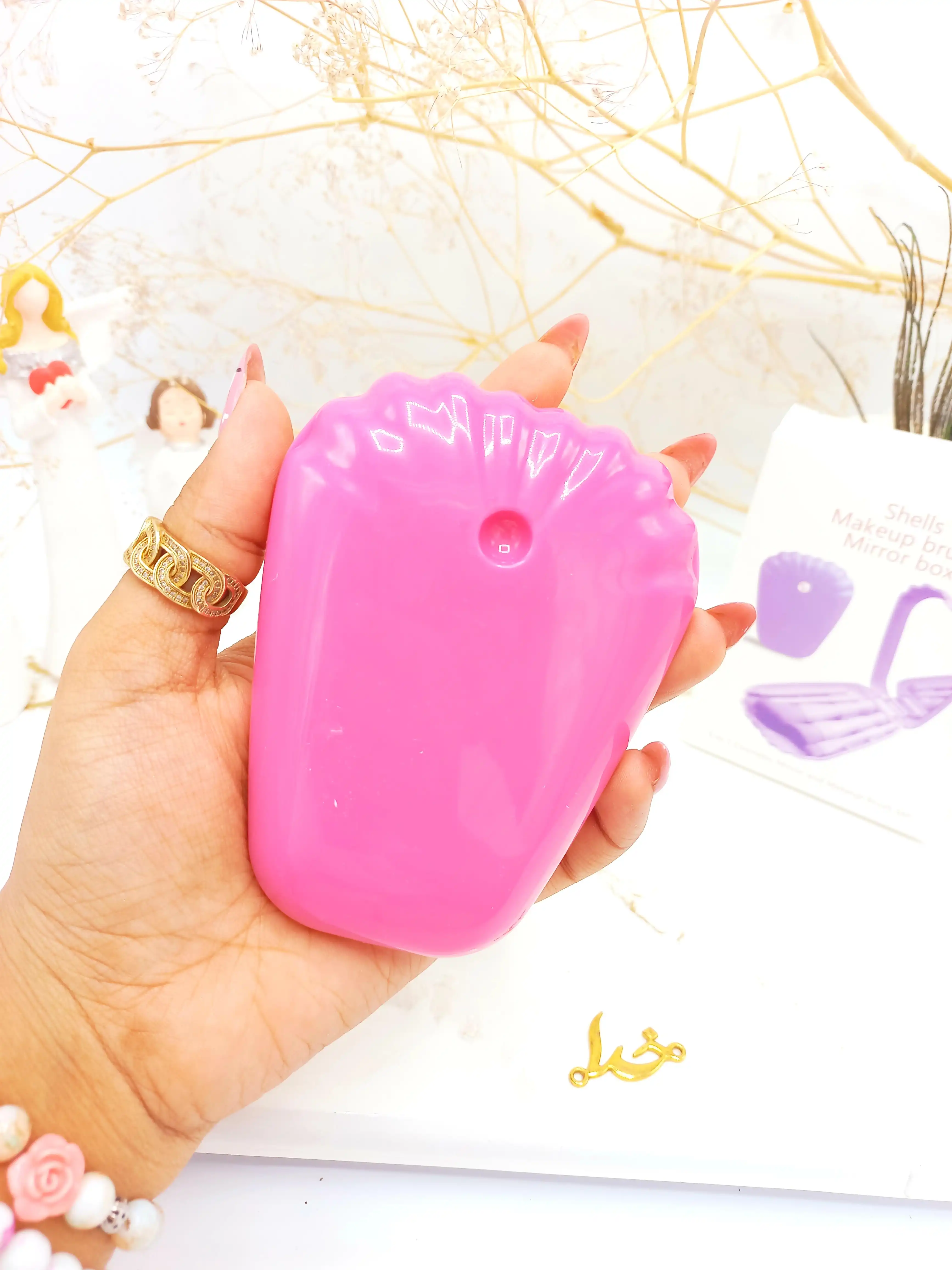 ست براش 5 تیکه باکس دار صدفی آینه دار سرخابی