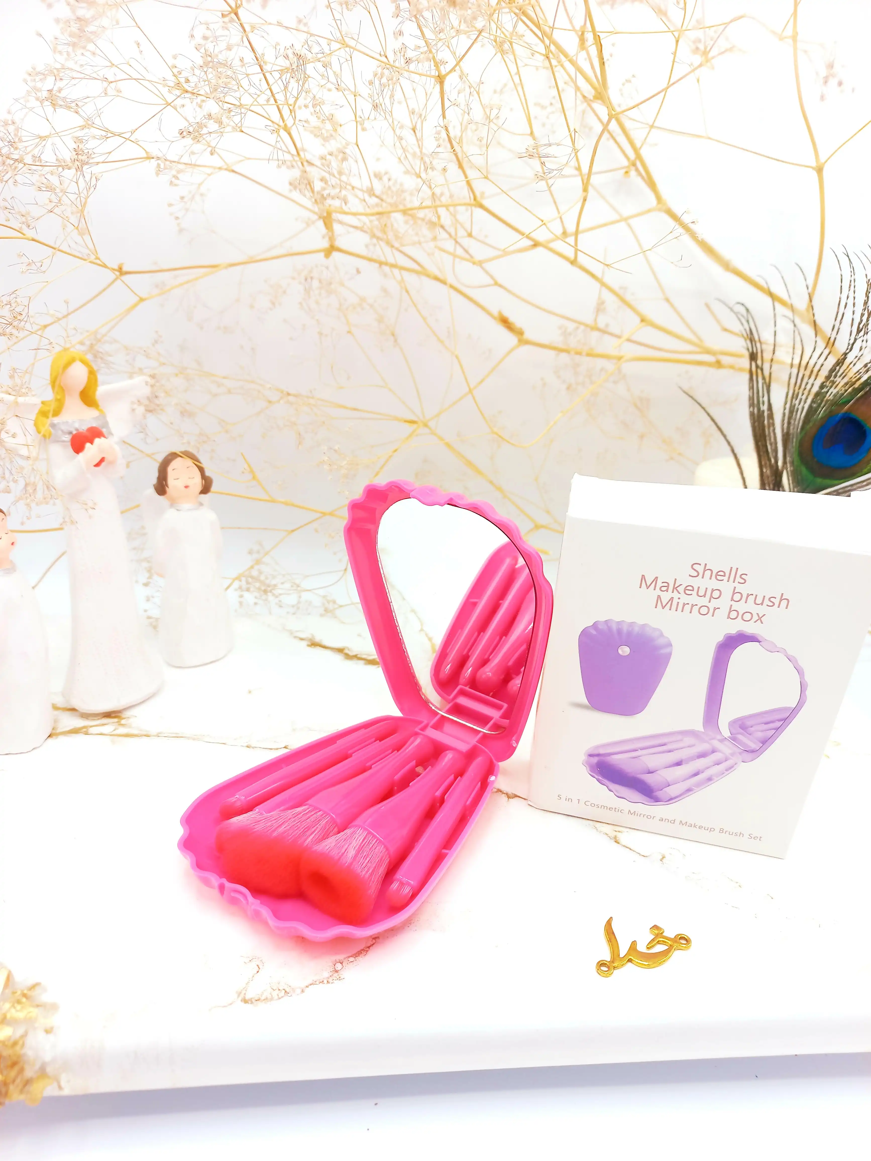 ست براش 5 تیکه باکس دار صدفی آینه دار سرخابی