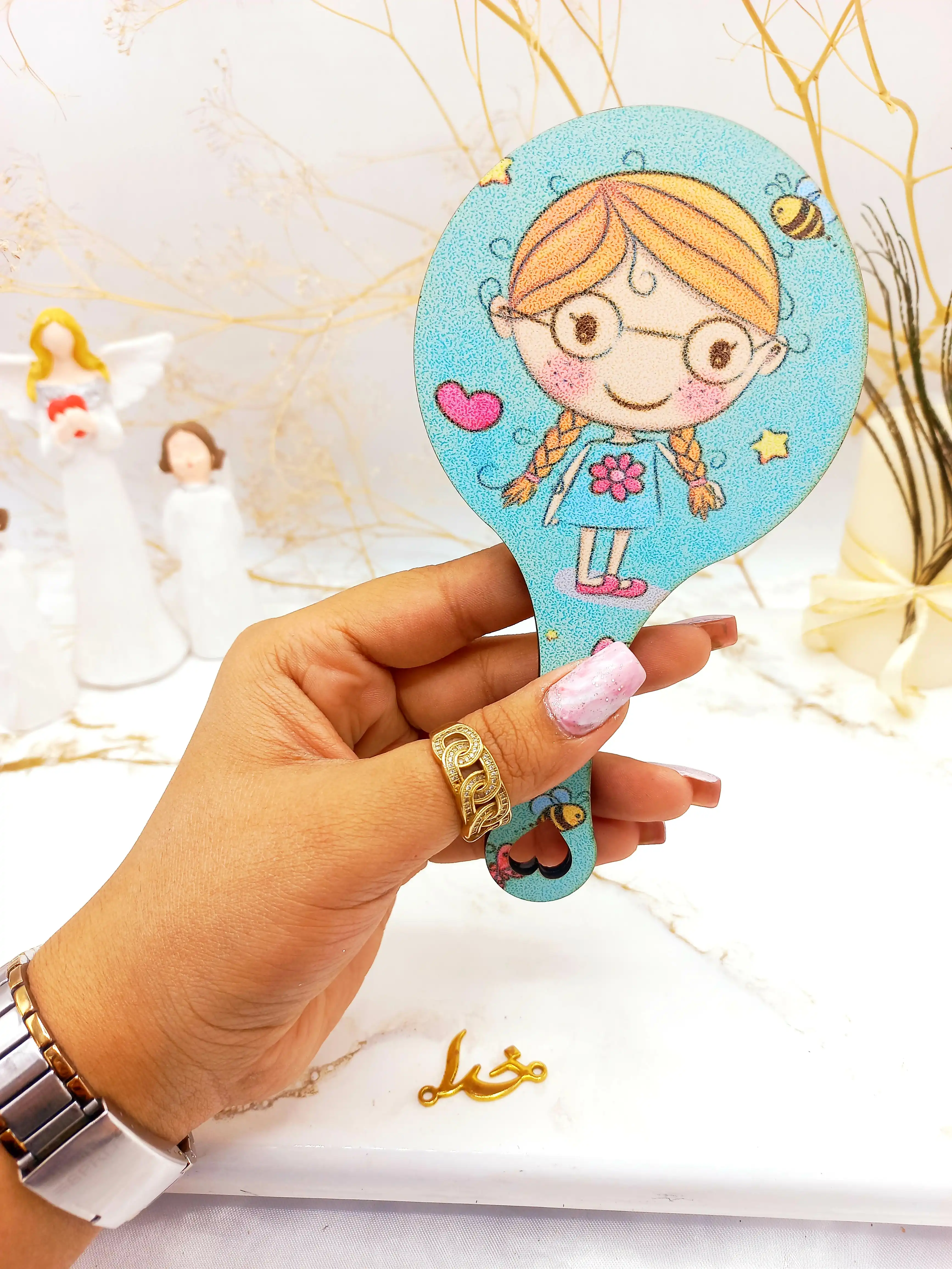آینه دسته چوبی دایره فانتزی طرح حیوانات