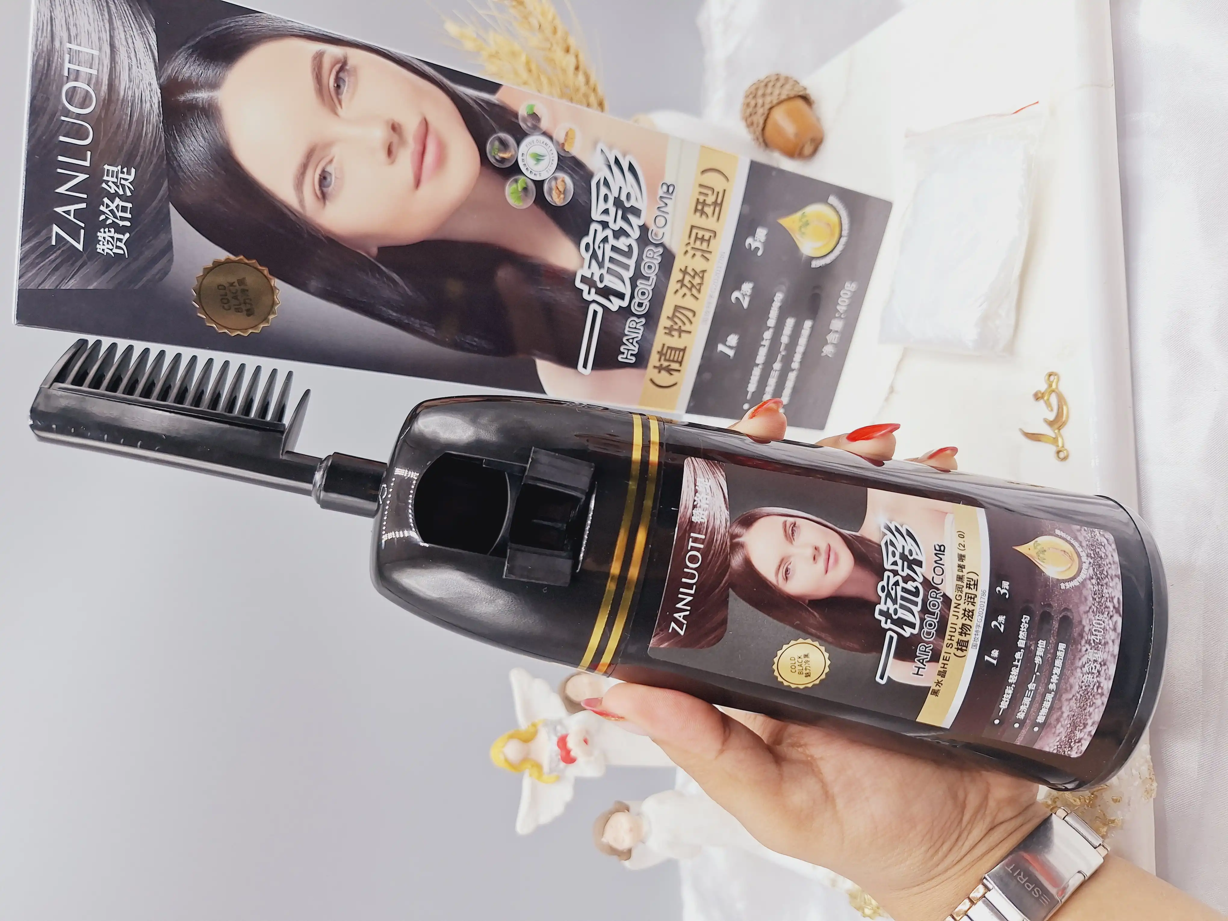 شانه رنگ مو (رنگ سیاه) حجم 400 گرم کاملا طبیعی و گیاهی برند ‏ZANLUOTI‏ برند 100251