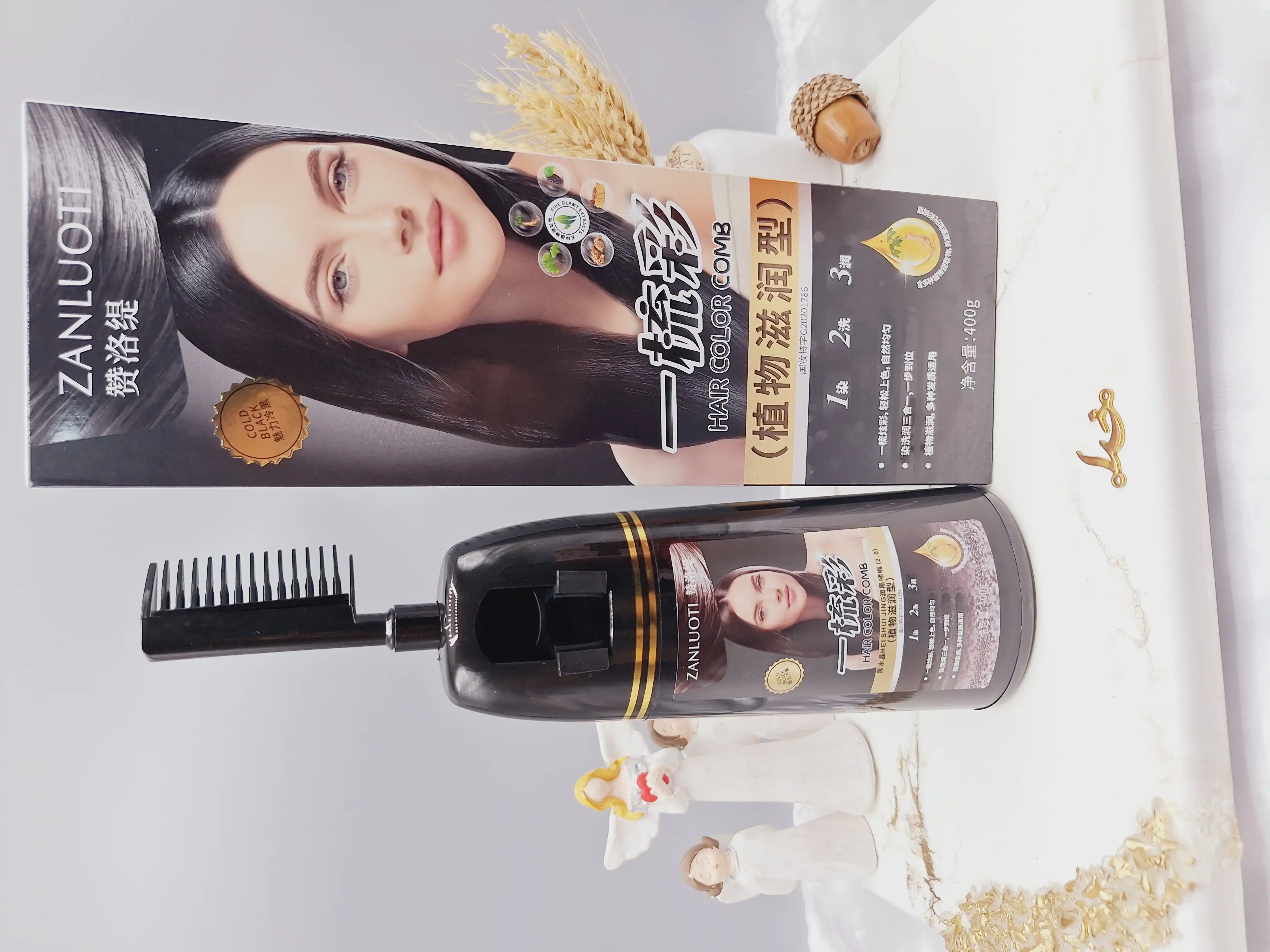 شانه رنگ مو (رنگ سیاه) حجم 400 گرم کاملا طبیعی و گیاهی برند ‏ZANLUOTI‏ برند 100251