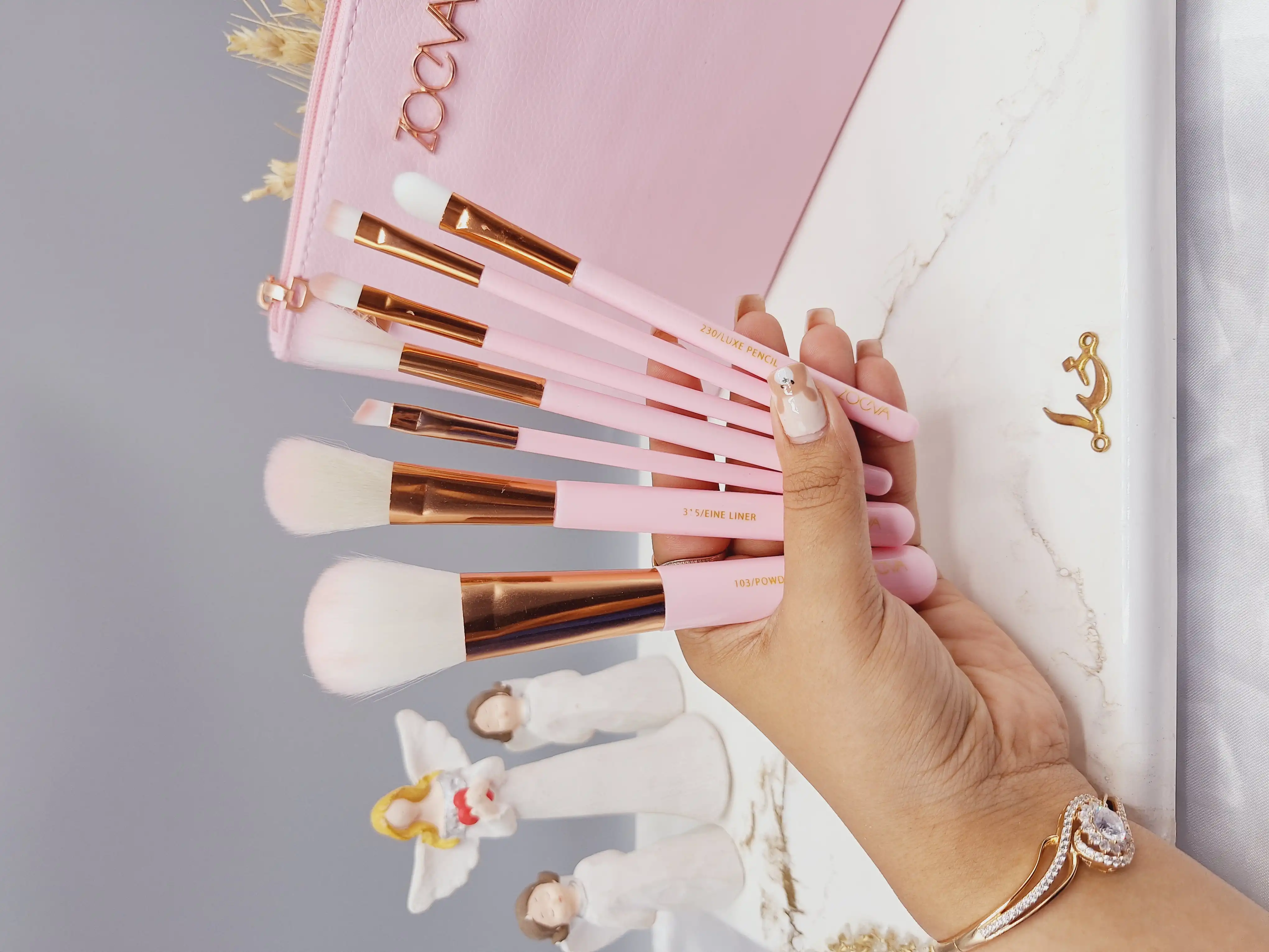 ست براش صورتی اصل 15 عددی لاکچری زووا با کیف چرمی