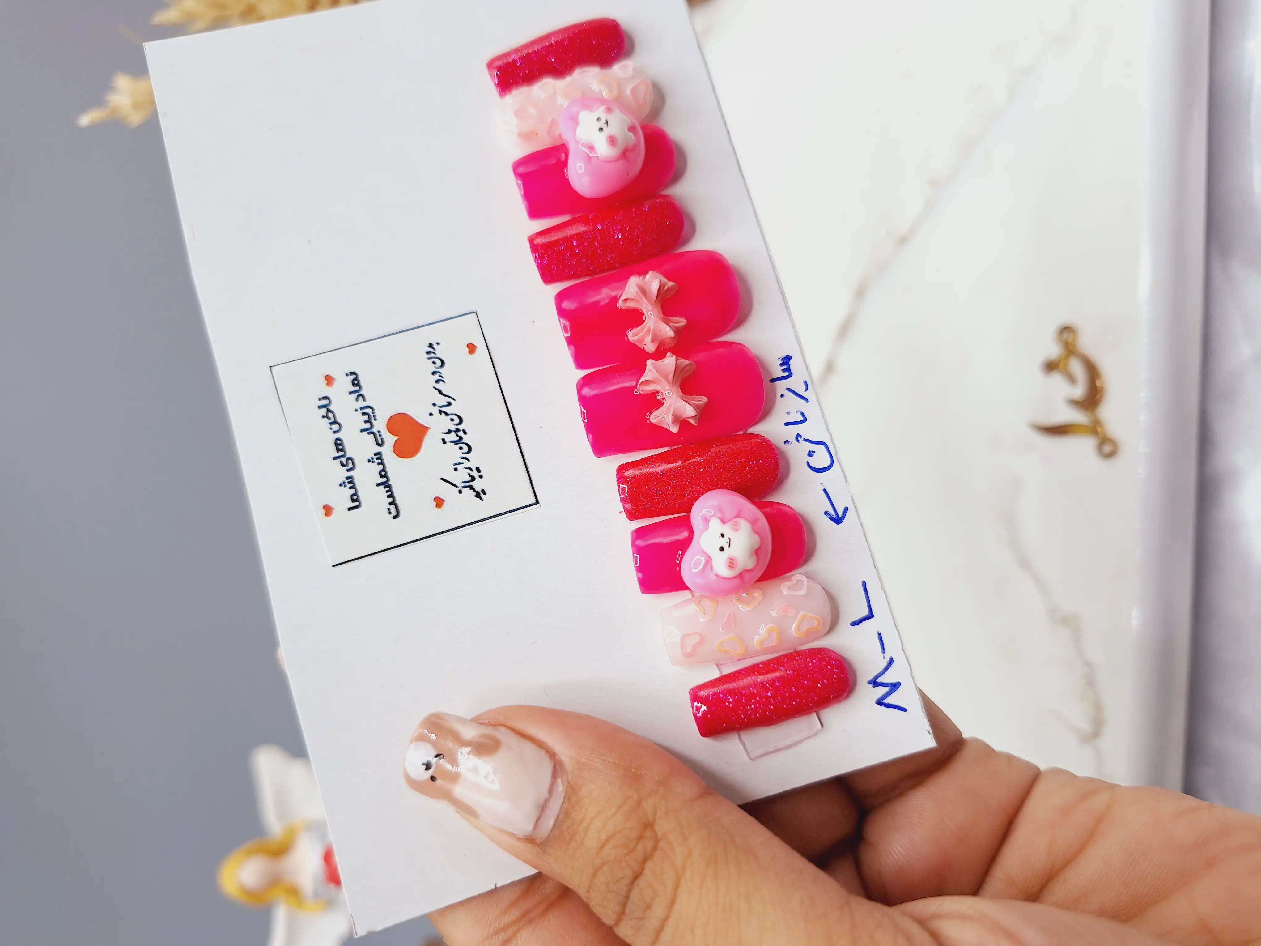 ناخن مصنوعی با مواد کاشت کیفیت بالا رنگ سرخابی طرح عروسکی