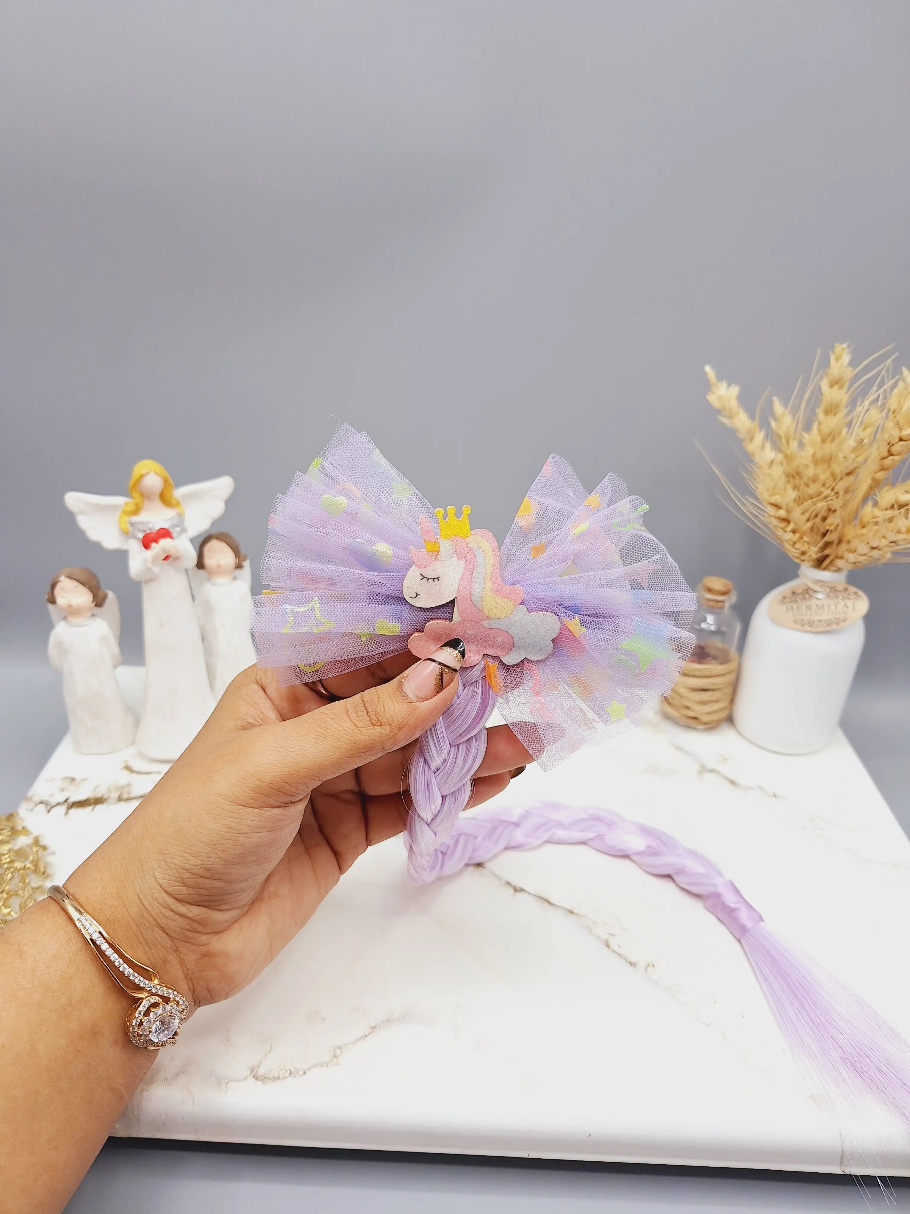 گیره موی دخترانه با موی اکستنشن آبی طرح پاپیون