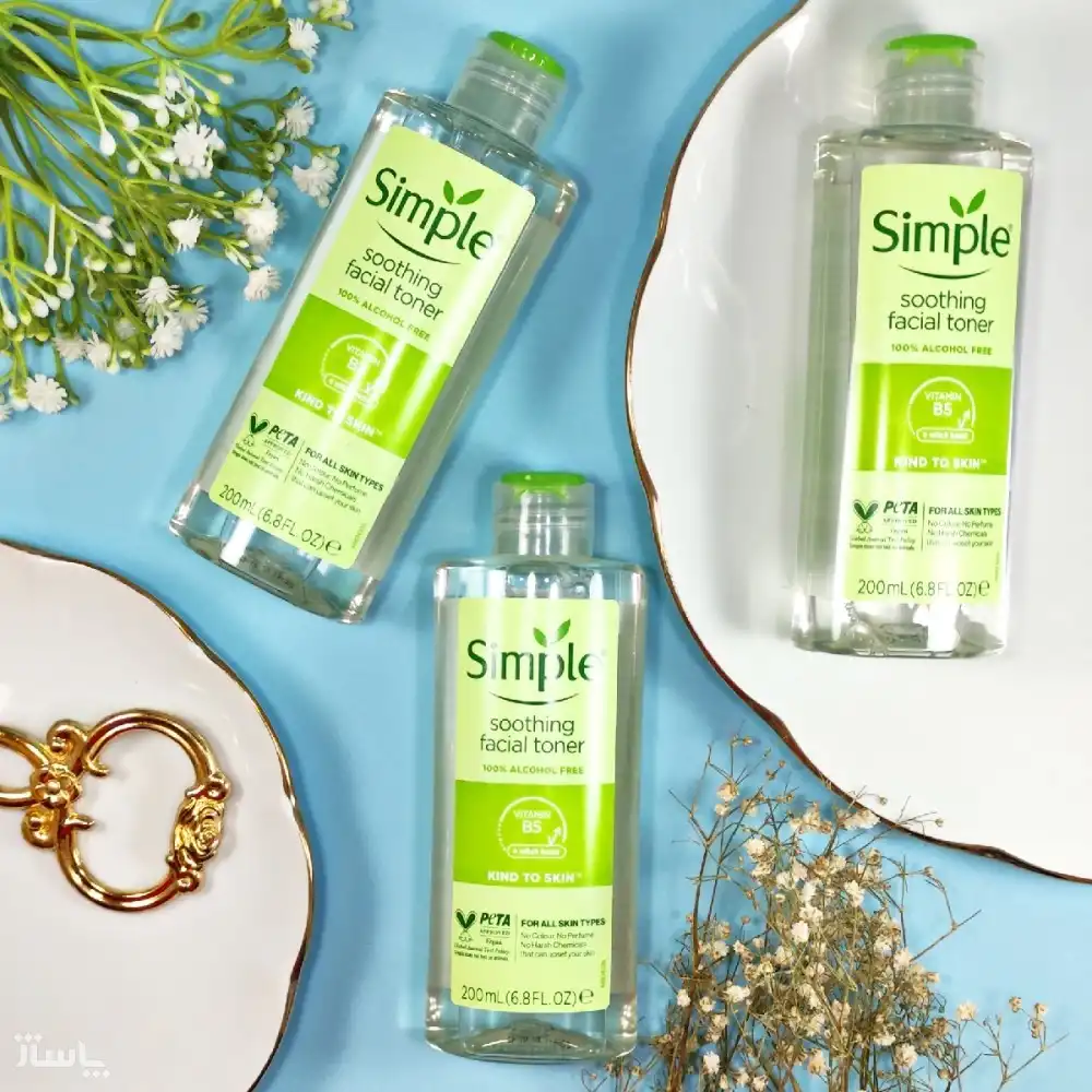 تونر تسکین دهنده و آبرسان سیمپل مدل Soothing Facial Toner مناسب انواع پوست حجم 200 میل اصلی کد 3856