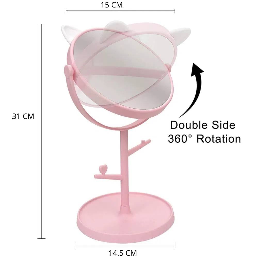 آینه گرد رومیزی مدل استند جواهرات طرح گربه رنگ سفید