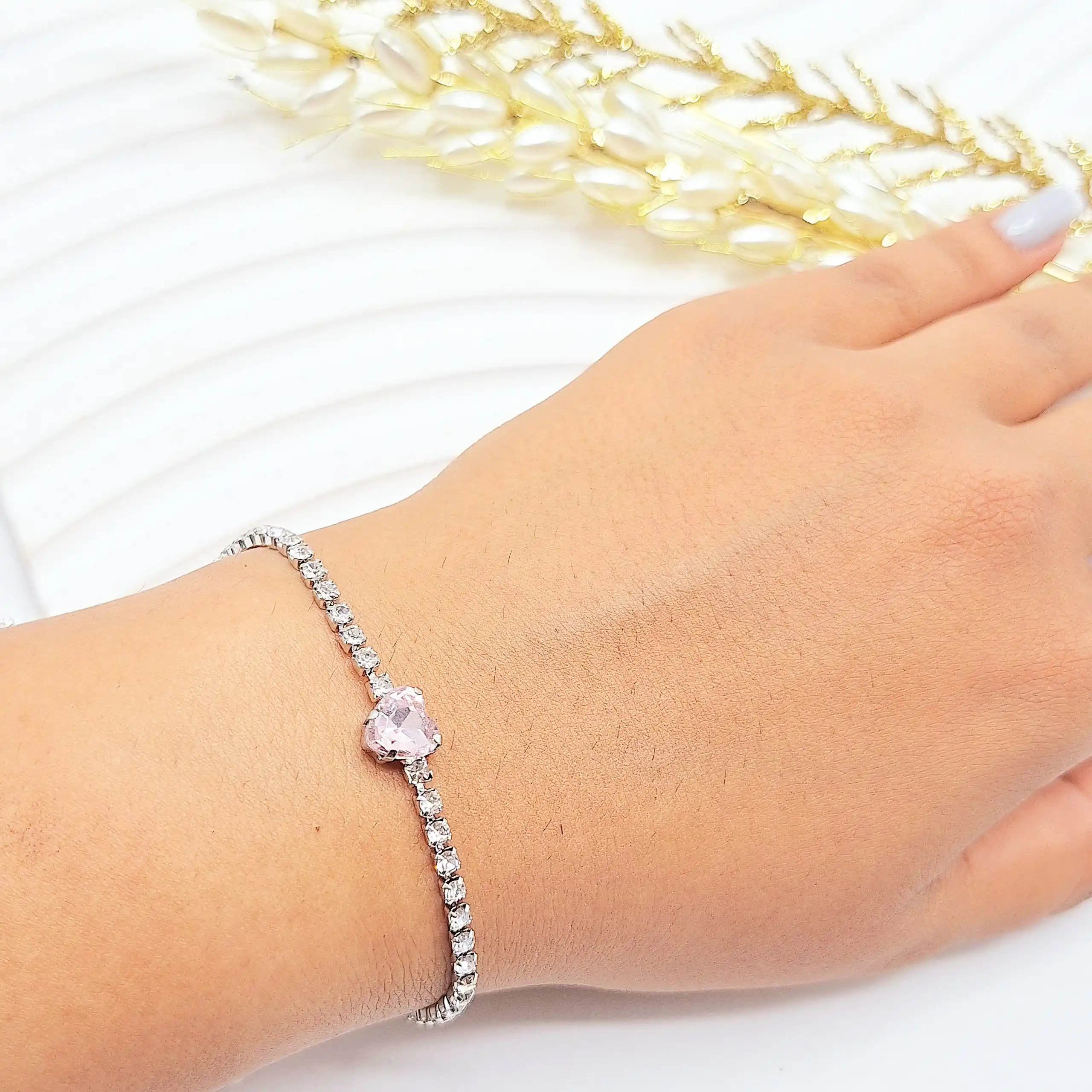 دستبند جواهری قلب صورتی فول نگین استیل