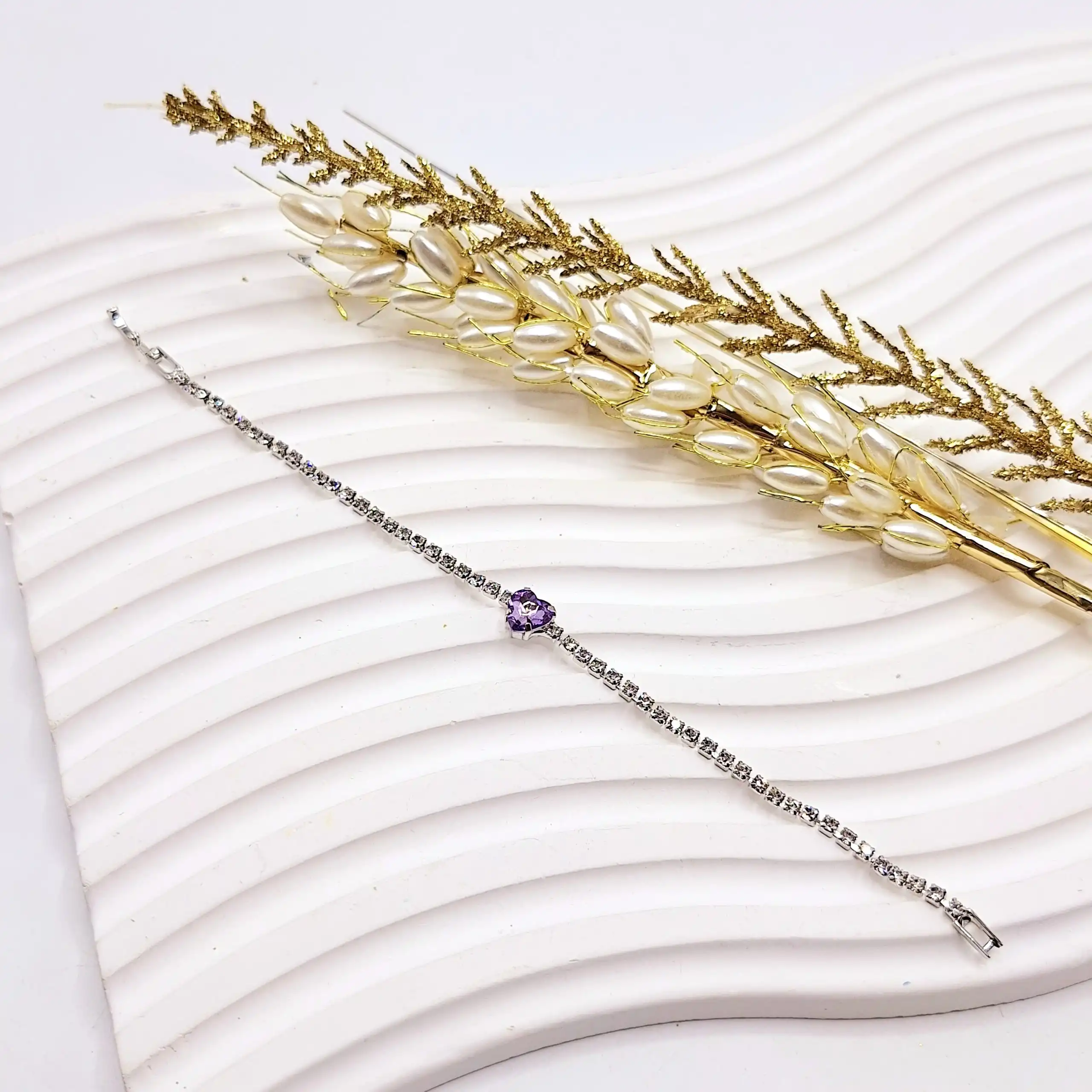 دستبند جواهری قلب بنفش فول نگین استیل