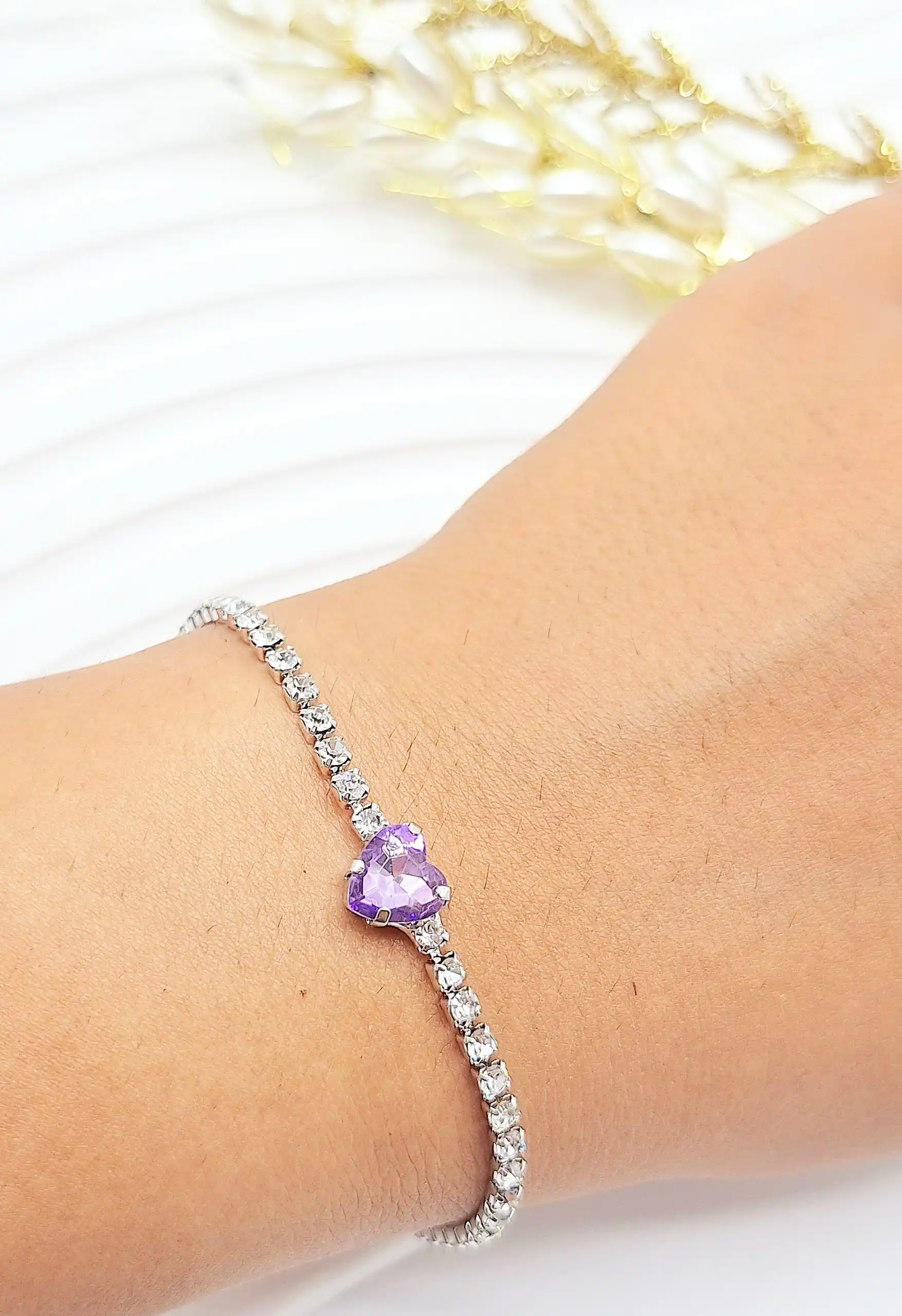 دستبند جواهری قلب بنفش فول نگین استیل