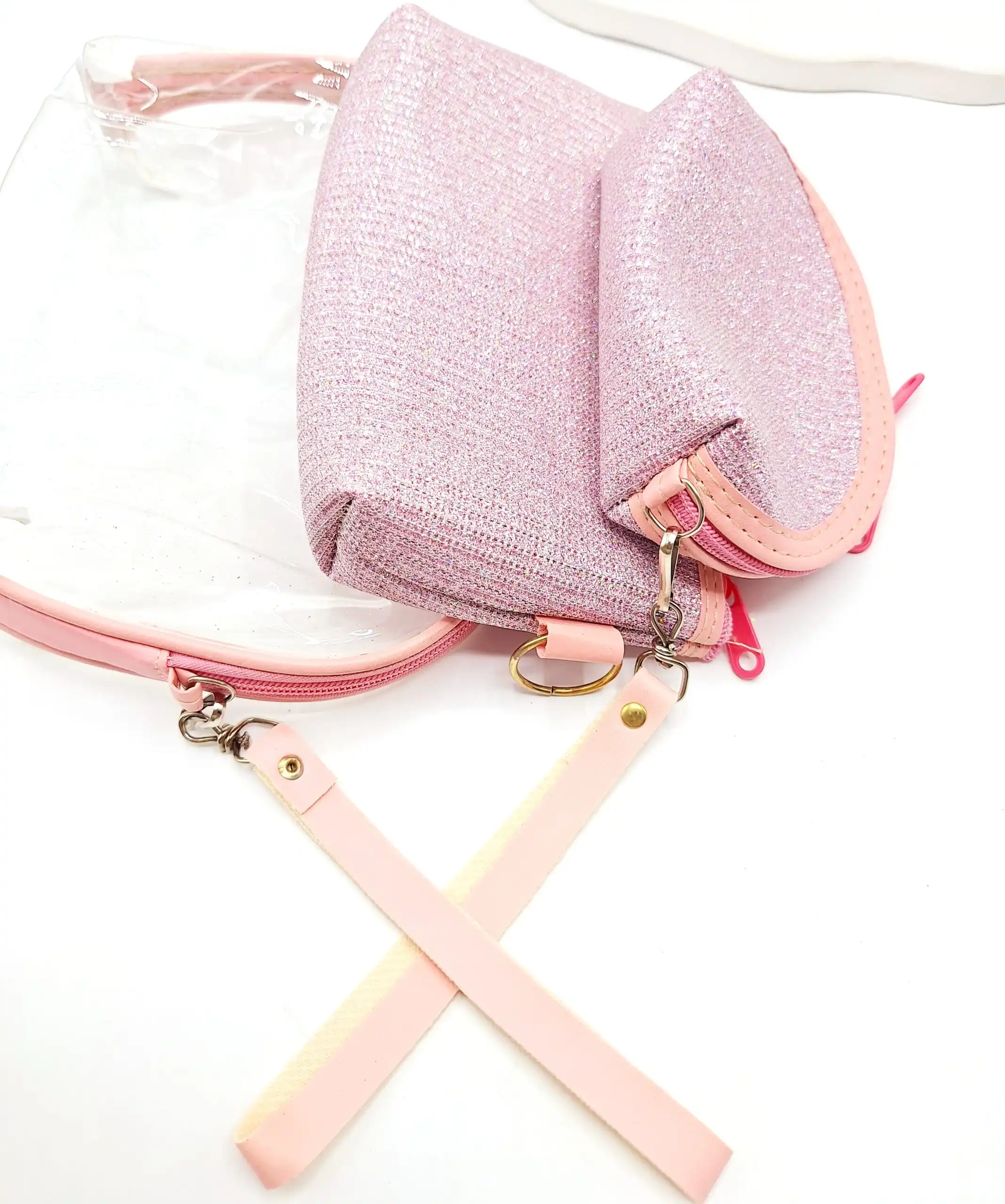 پک کیف آرایش 3 تایی طلقی شاین دار (صورتی)