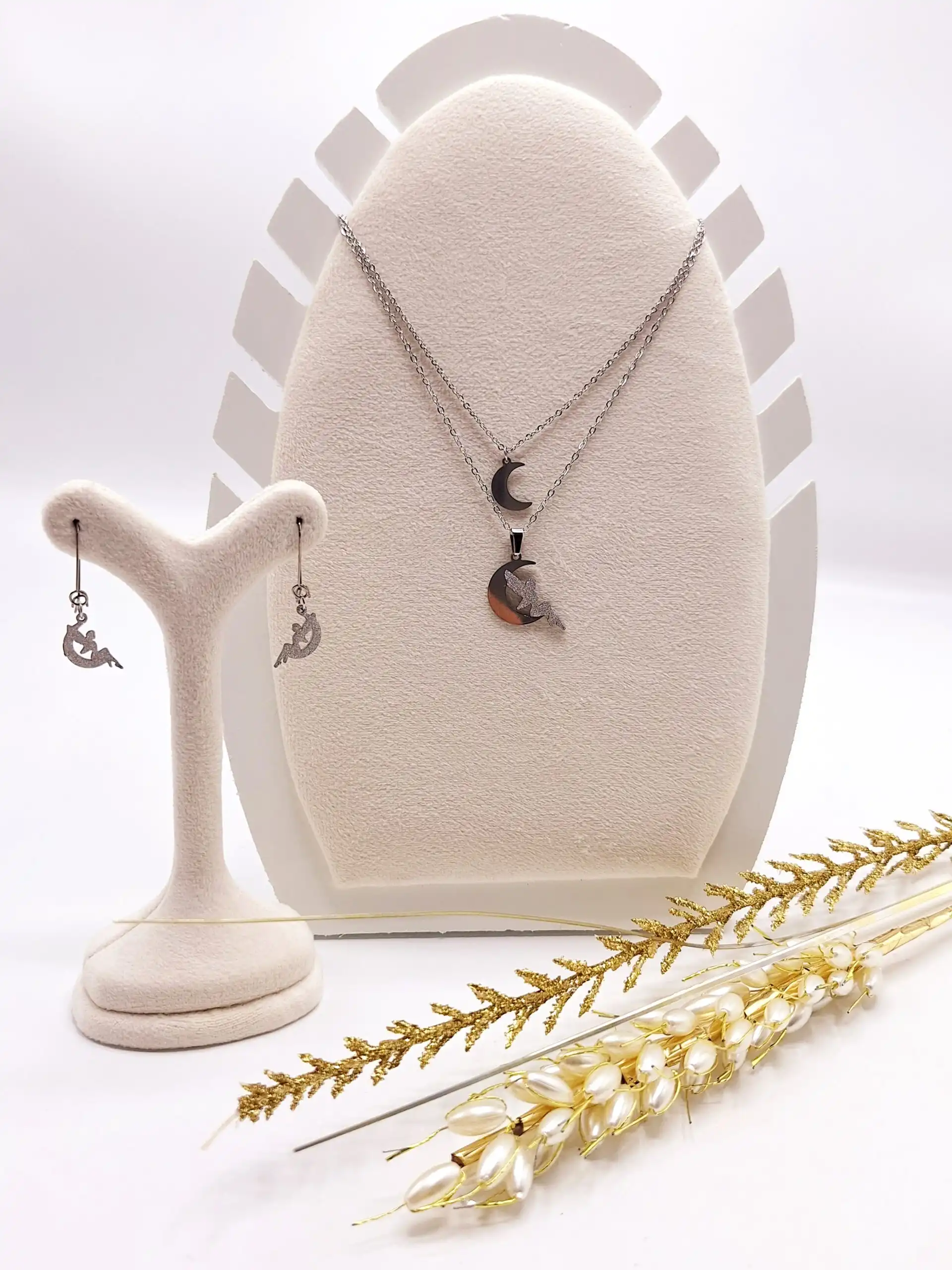 نیم ست دولاین نگین ماه و فرشته شنی استیل نقره ای