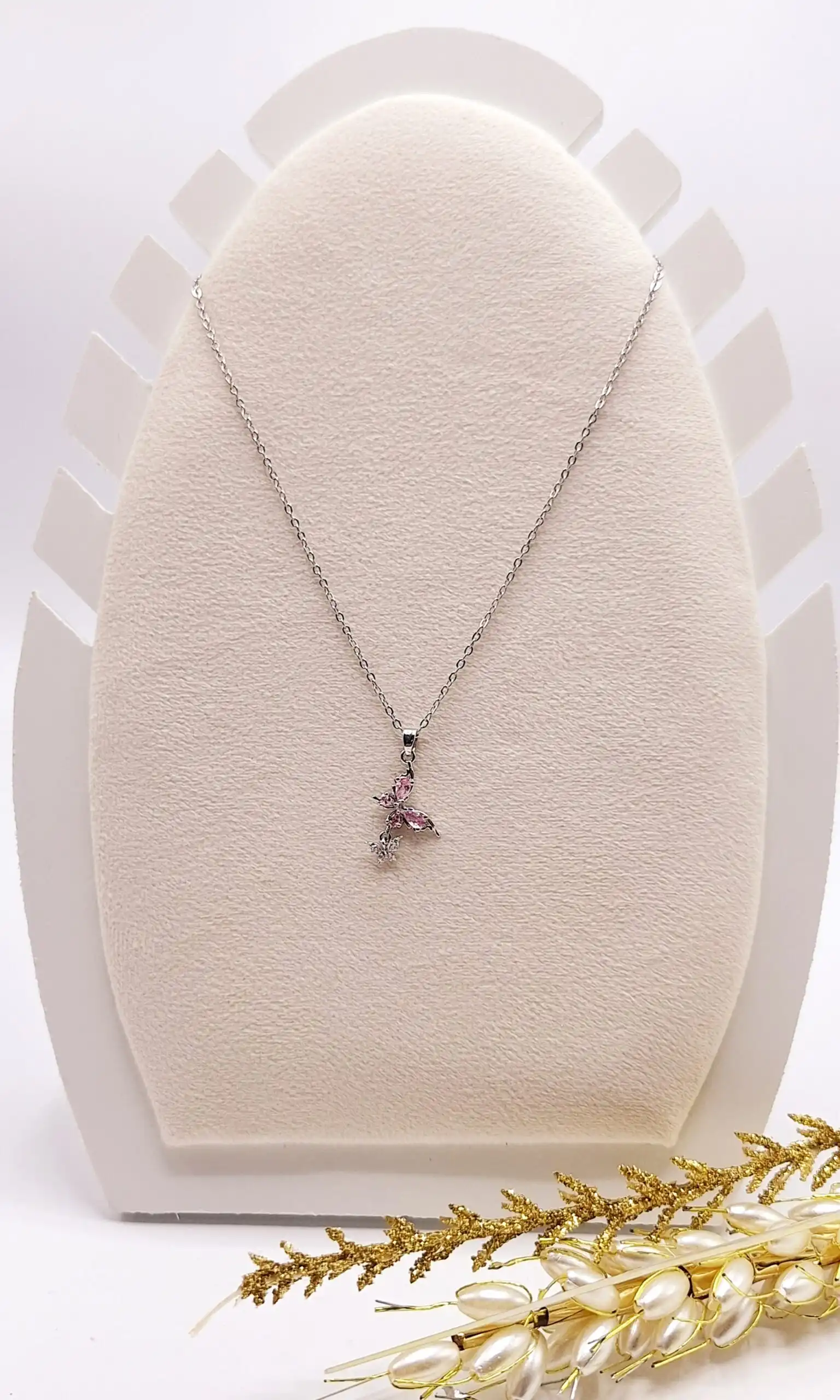 گردنبند جواهری پروانه ریزشی صورتی