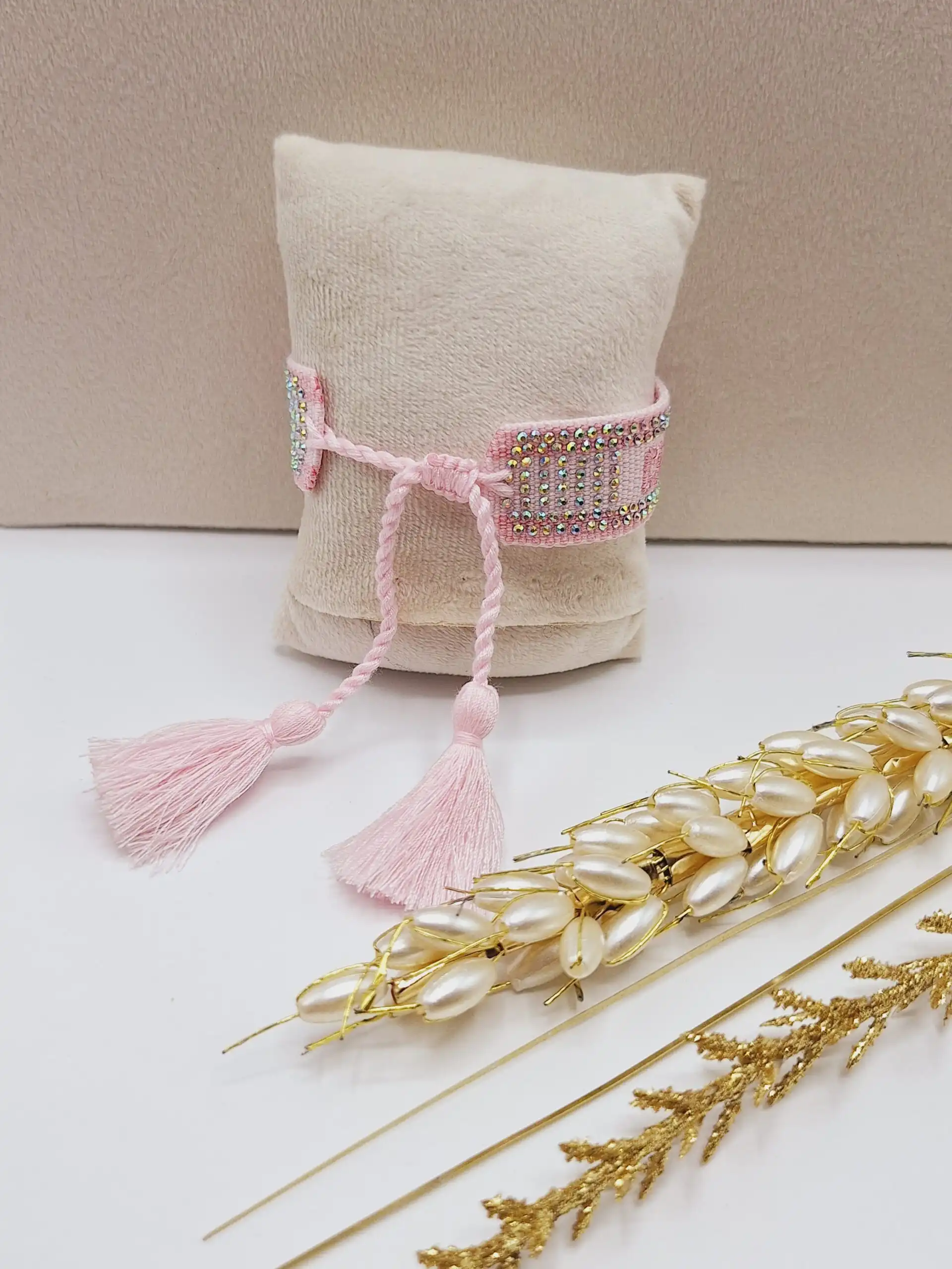 دستبند پارچه ای نگین دار CHRISTIAN DIOR (رنگ صورتی)