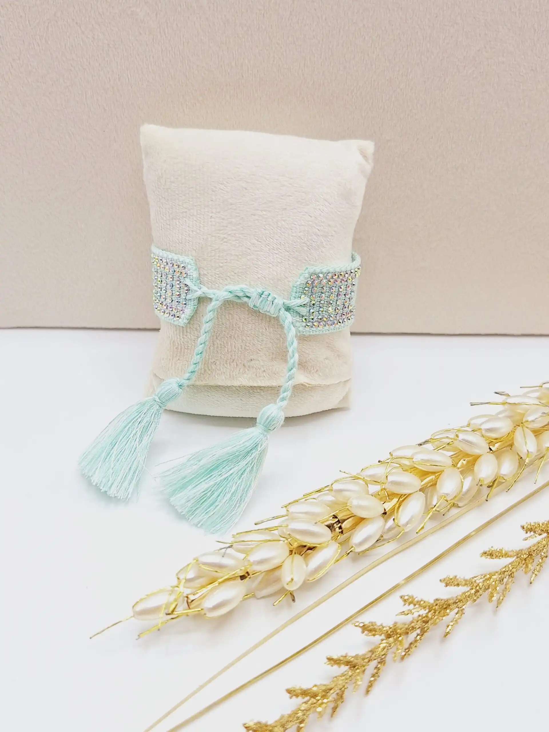 دستبند پارچه ای نگین دار CHRISTIAN DIOR (رنگ سبز آبی)