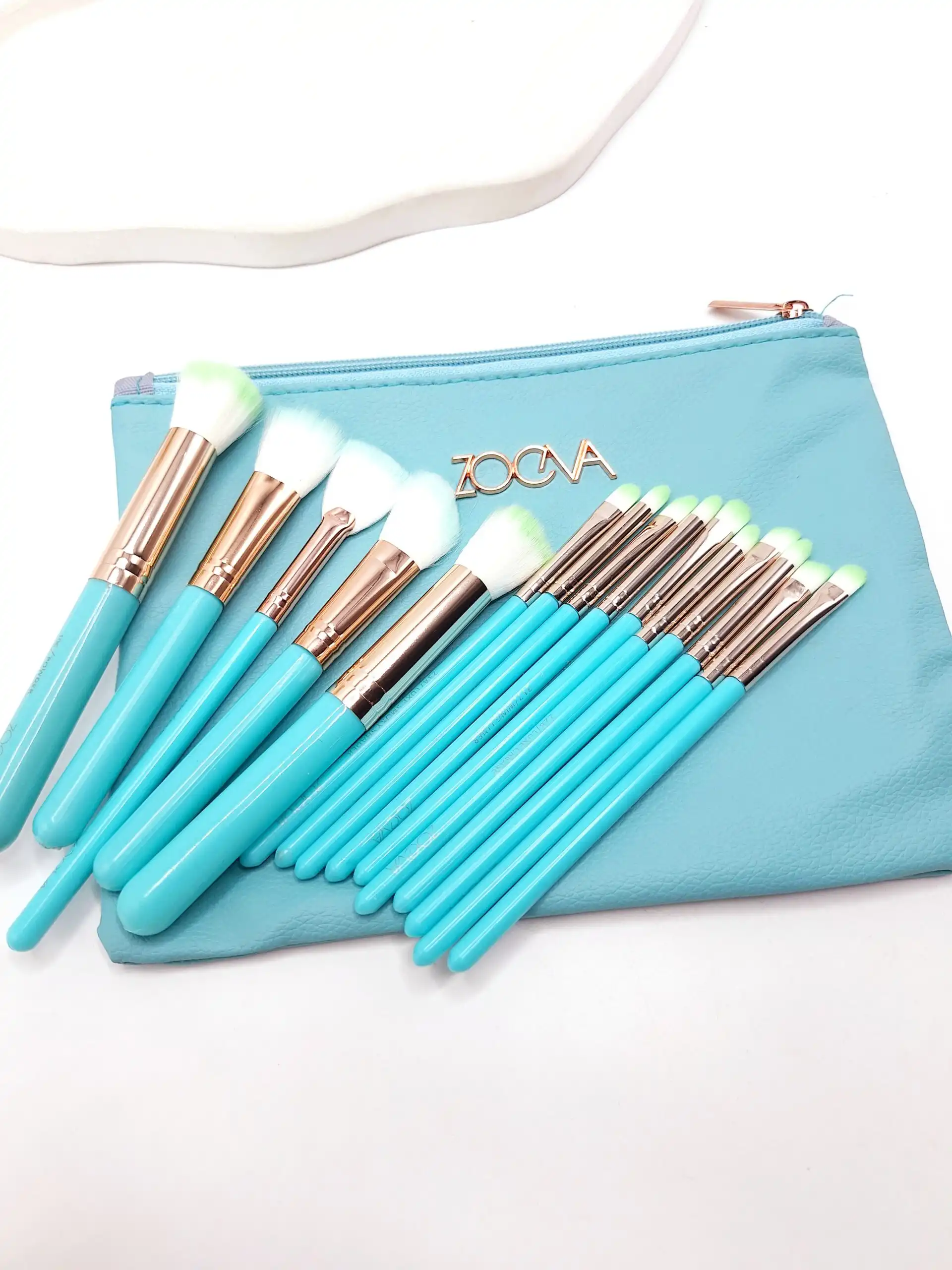 ست براش صورتی اصل 15 عددی لاکچری زووا با کیف چرمی (رنگ آبی روشن)