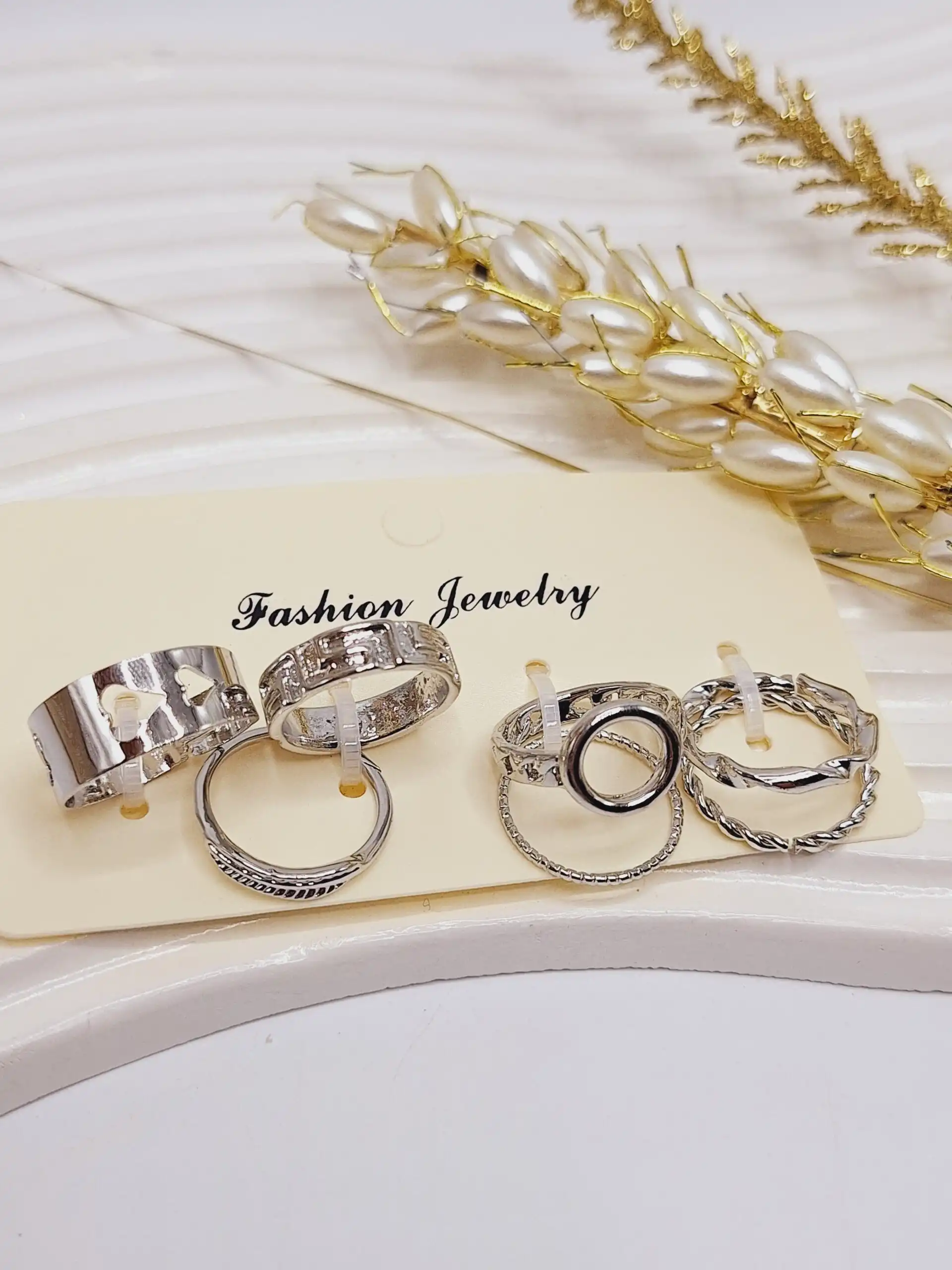 پک انگشتر Fashion Jewelry رنگ نقره ای آبکاری رادیوم (طرح دوم)