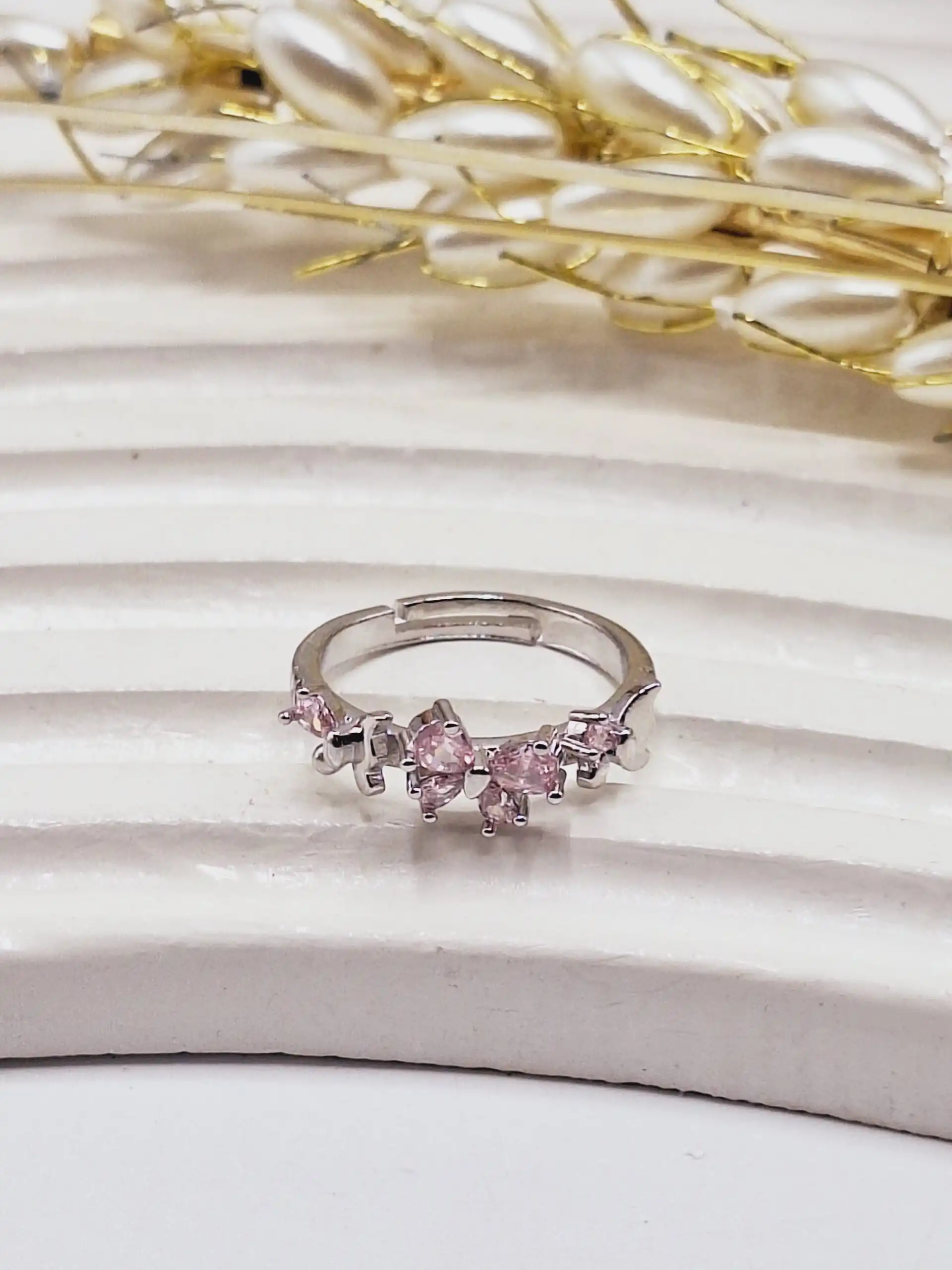 انگشتر جواهری 3 پروانه کوچک صورتی و سفید