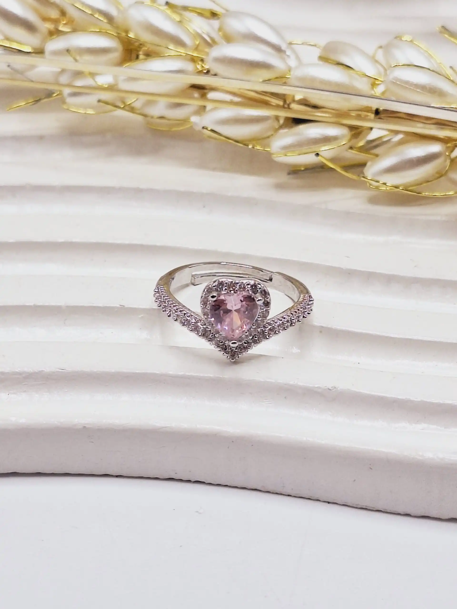 انگشتر تعهد حلقه نامزدی فول نگین قلبی فری سایز (رنگ صورتی)