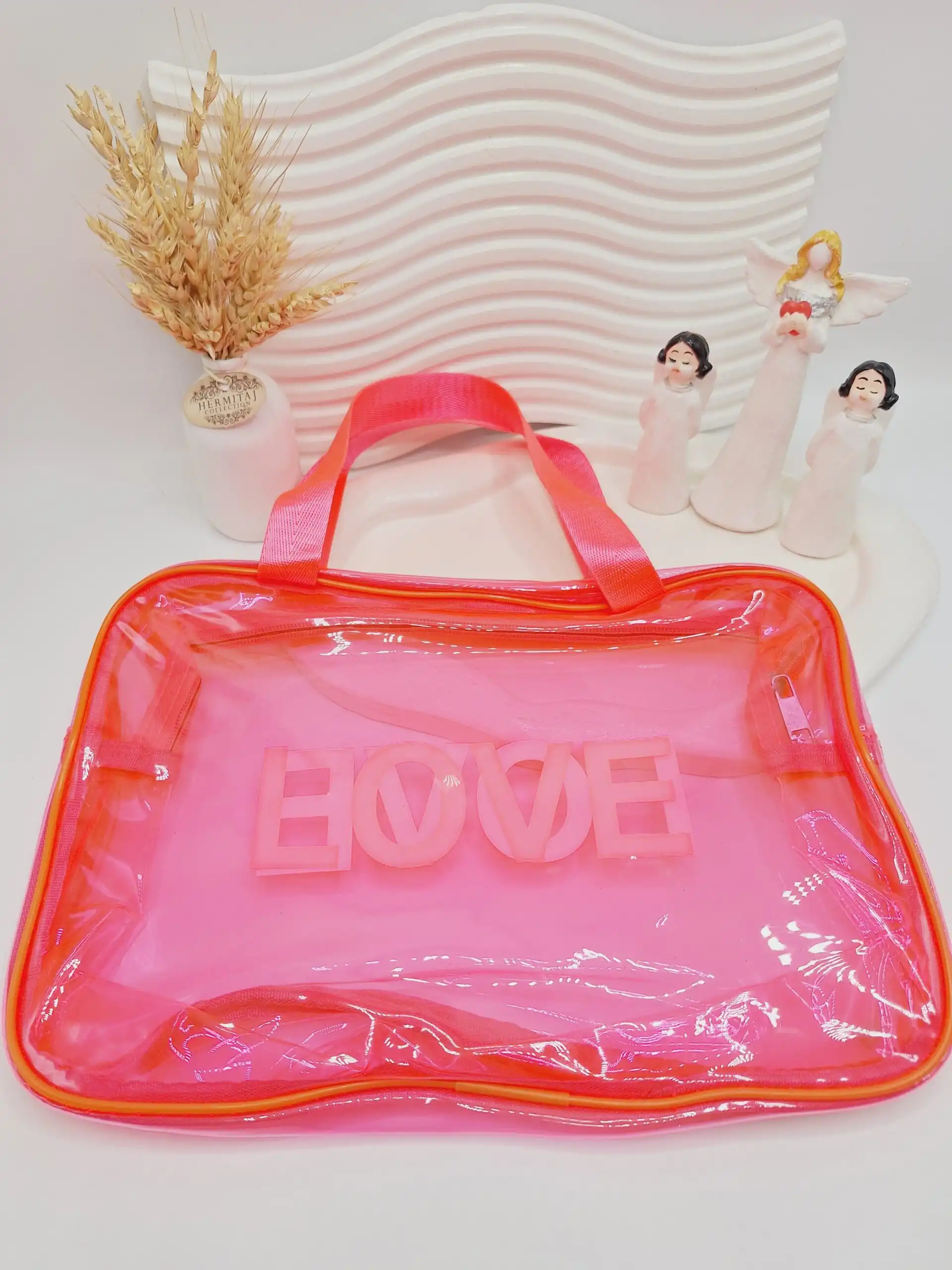 کیف لوازم آرایشی سایز بزرگ مدل LOVE (رنگ سرخابی)