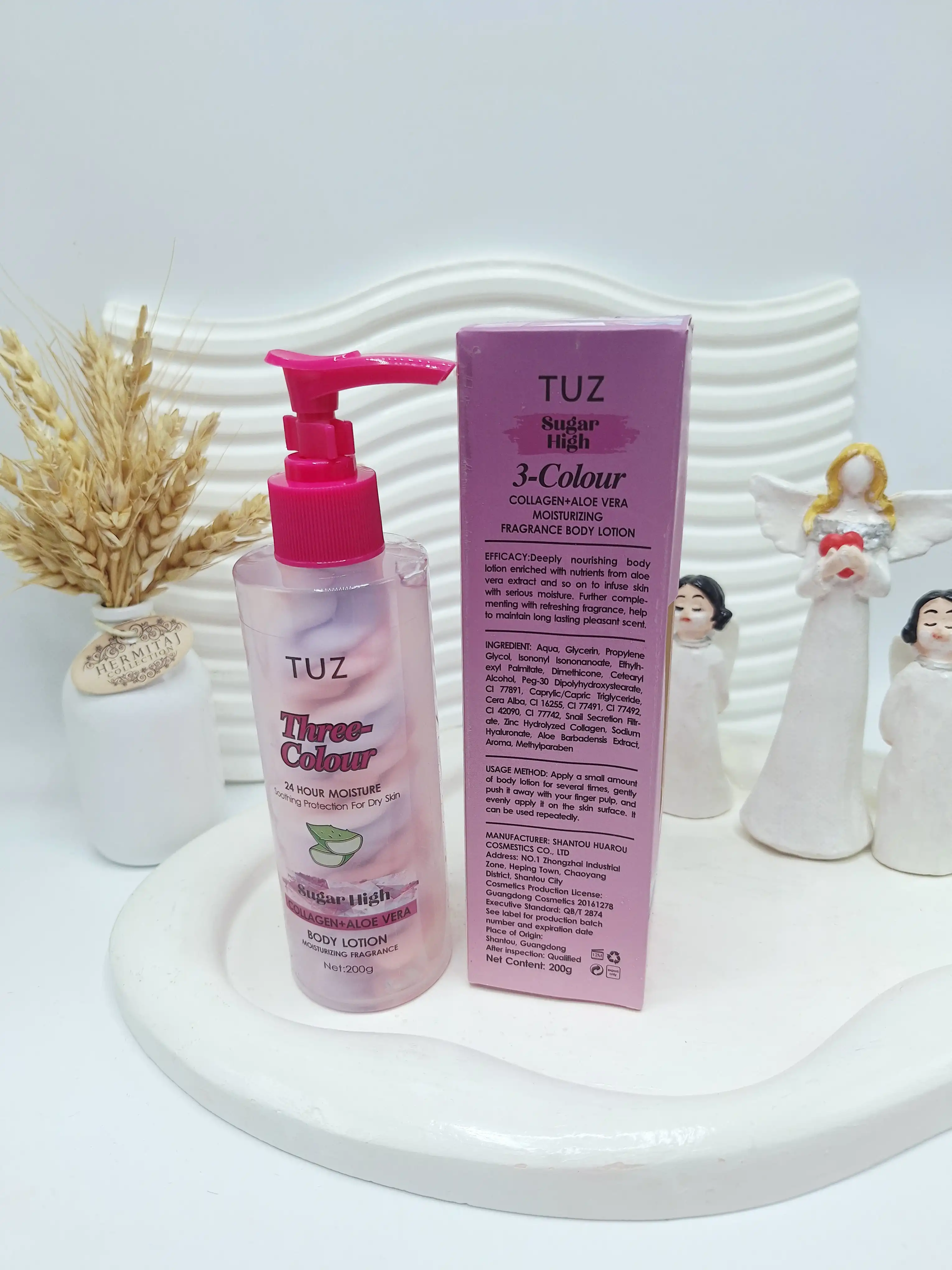 لوسیون بدن 3 رنگ کلاژن + آلوئه ورا با رطوبت 24 ساعته مناسب پوست خشک برند TUZ کد 7713