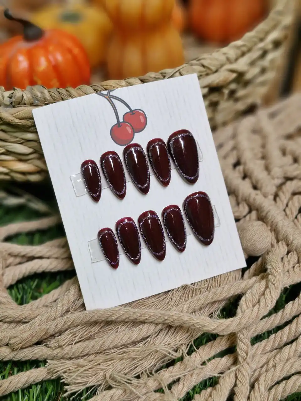 ناخن مصنوعی دست ساز با مواد کاشت مدل  چری حلقه دیسکو(به همراه پک اختصاصی)