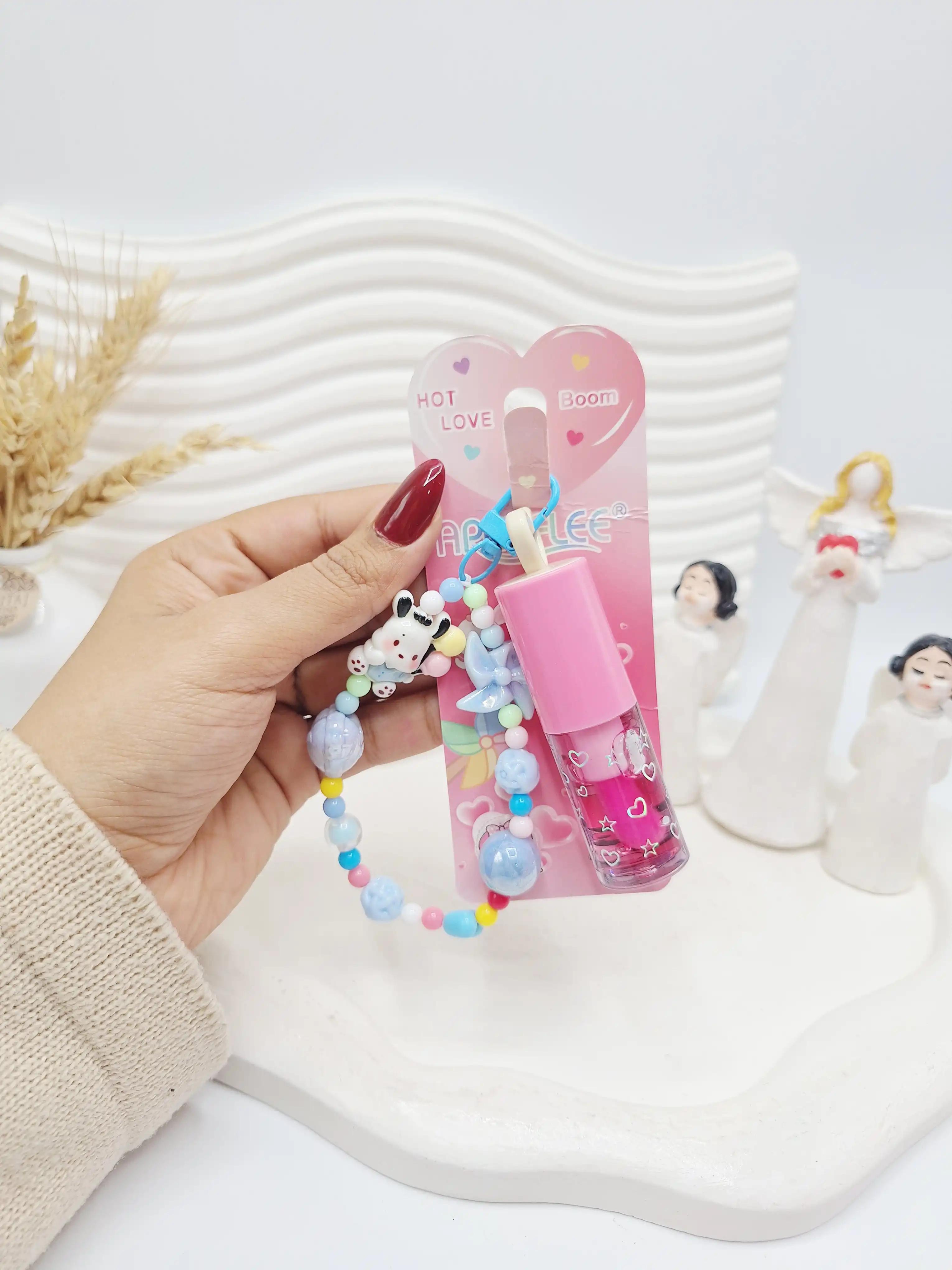 ست لیپ گلاس حرارتی آویز دار کرومی به همراه دستبند برند APCKFLEE کد 028